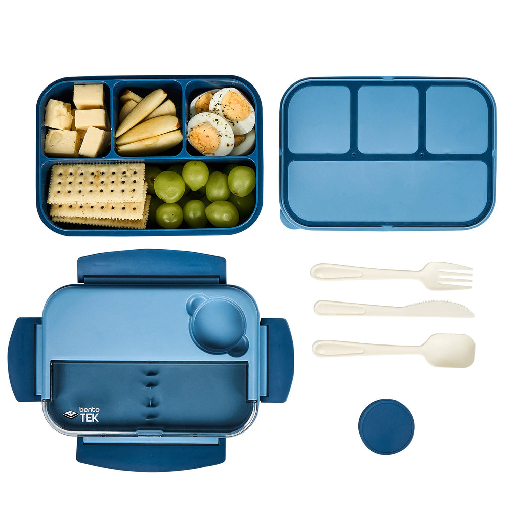 Bento Tek 44 oz Blue Lunch Box - BPA-Free, Microwave-Safe, with Utensils - 9" x 6 1/2" x 3 1/4" - 10 count box