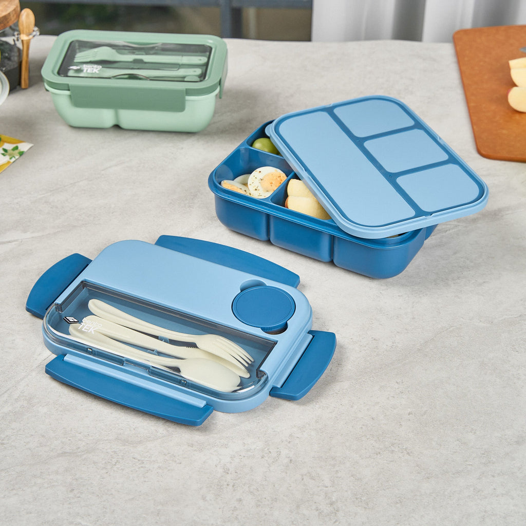 Bento Tek 44 oz Blue Lunch Box - BPA-Free, Microwave-Safe, with Utensils - 9" x 6 1/2" x 3 1/4" - 10 count box