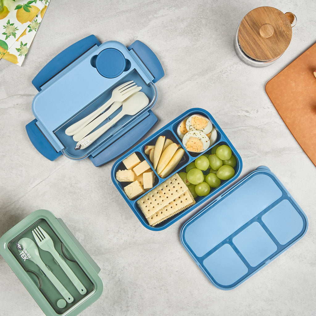 Bento Tek 44 oz Blue Lunch Box - BPA-Free, Microwave-Safe, with Utensils - 9" x 6 1/2" x 3 1/4" - 10 count box