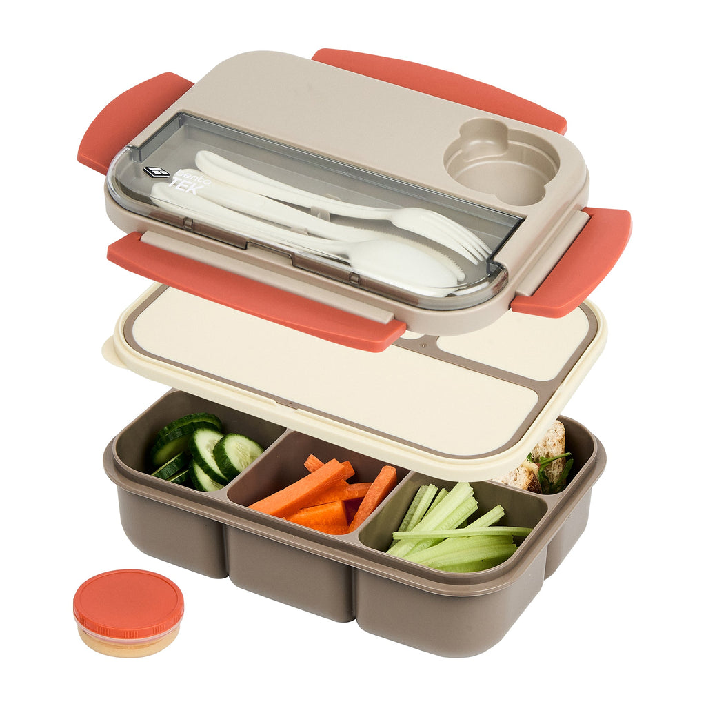 Bento Tek 44 oz Brown and Orange Lunch Box - BPA-Free, Microwave-Safe, with Utensils - 9" x 6 1/2" x 3 1/4" - 1 count box