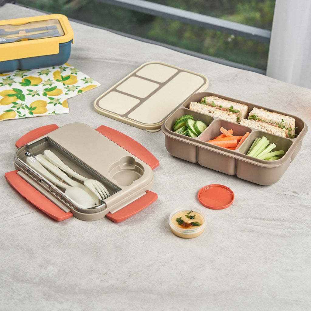 Bento Tek 44 oz Brown and Orange Lunch Box - BPA-Free, Microwave-Safe, with Utensils - 9" x 6 1/2" x 3 1/4" - 1 count box