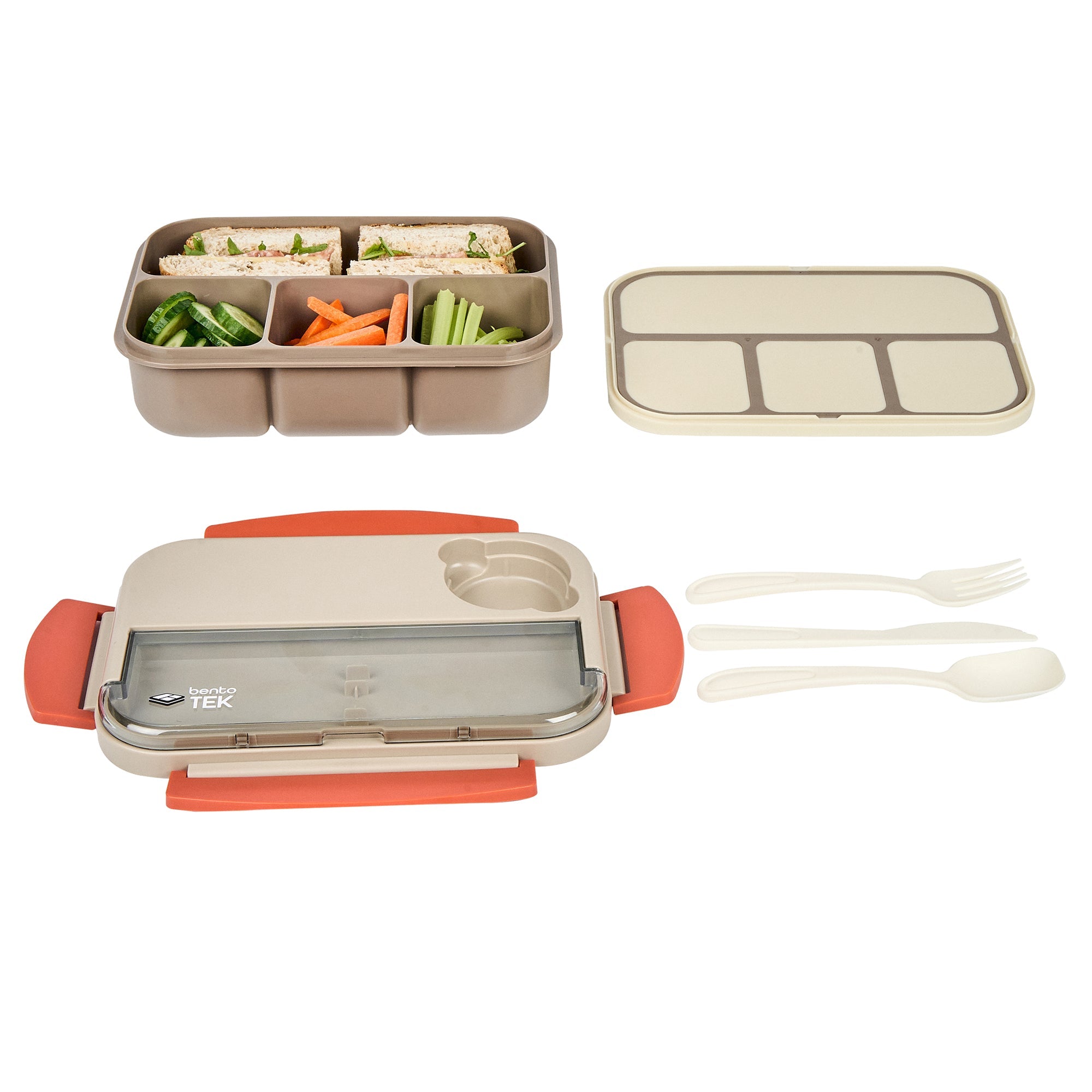 Bento Tek 44 oz Brown and Orange Lunch Box - BPA-Free, Microwave-Safe, with Utensils - 9" x 6 1/2" x 3 1/4" - 1 count box