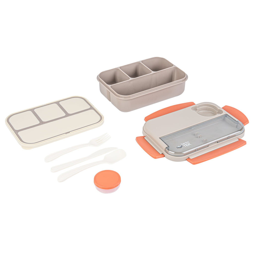 Bento Tek 44 oz Brown and Orange Lunch Box - BPA-Free, Microwave-Safe, with Utensils - 9" x 6 1/2" x 3 1/4" - 1 count box