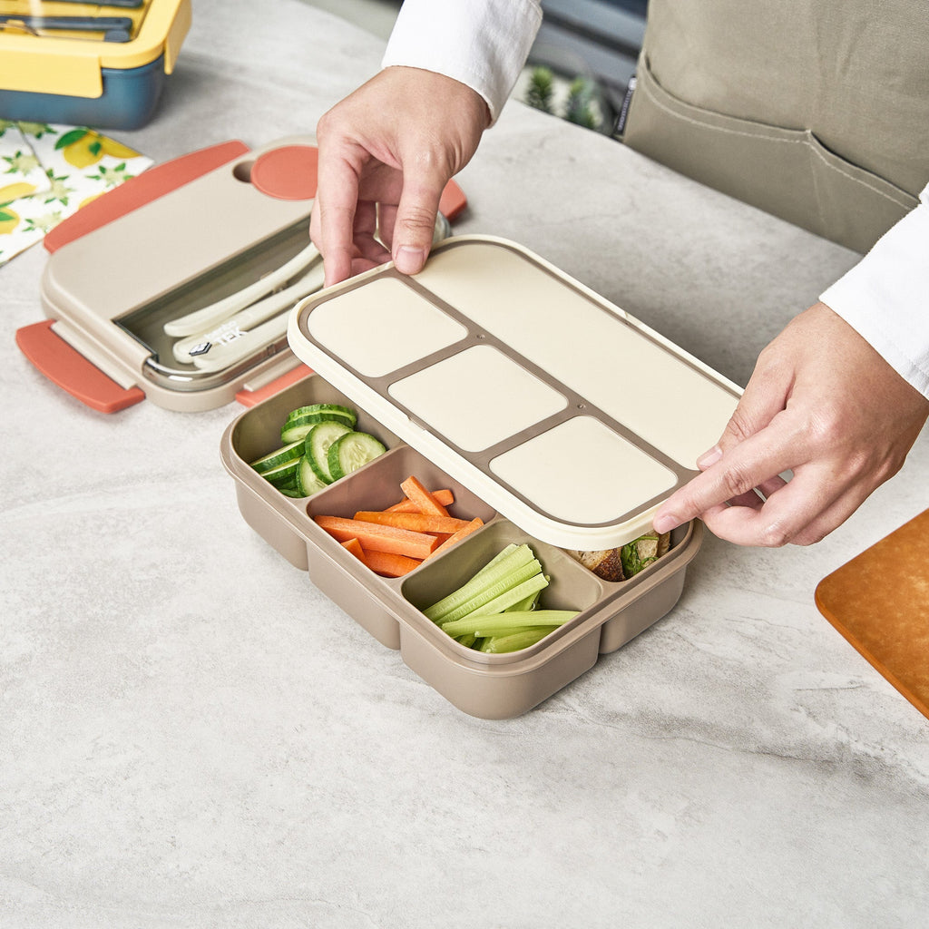 Bento Tek 44 oz Brown and Orange Lunch Box - BPA-Free, Microwave-Safe, with Utensils - 9" x 6 1/2" x 3 1/4" - 1 count box