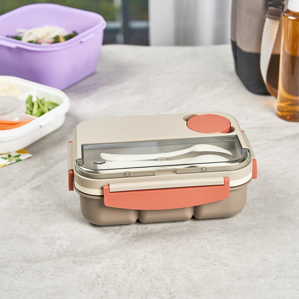 Bento Tek 44 oz Brown and Orange Lunch Box - BPA-Free, Microwave-Safe, with Utensils - 9" x 6 1/2" x 3 1/4" - 1 count box