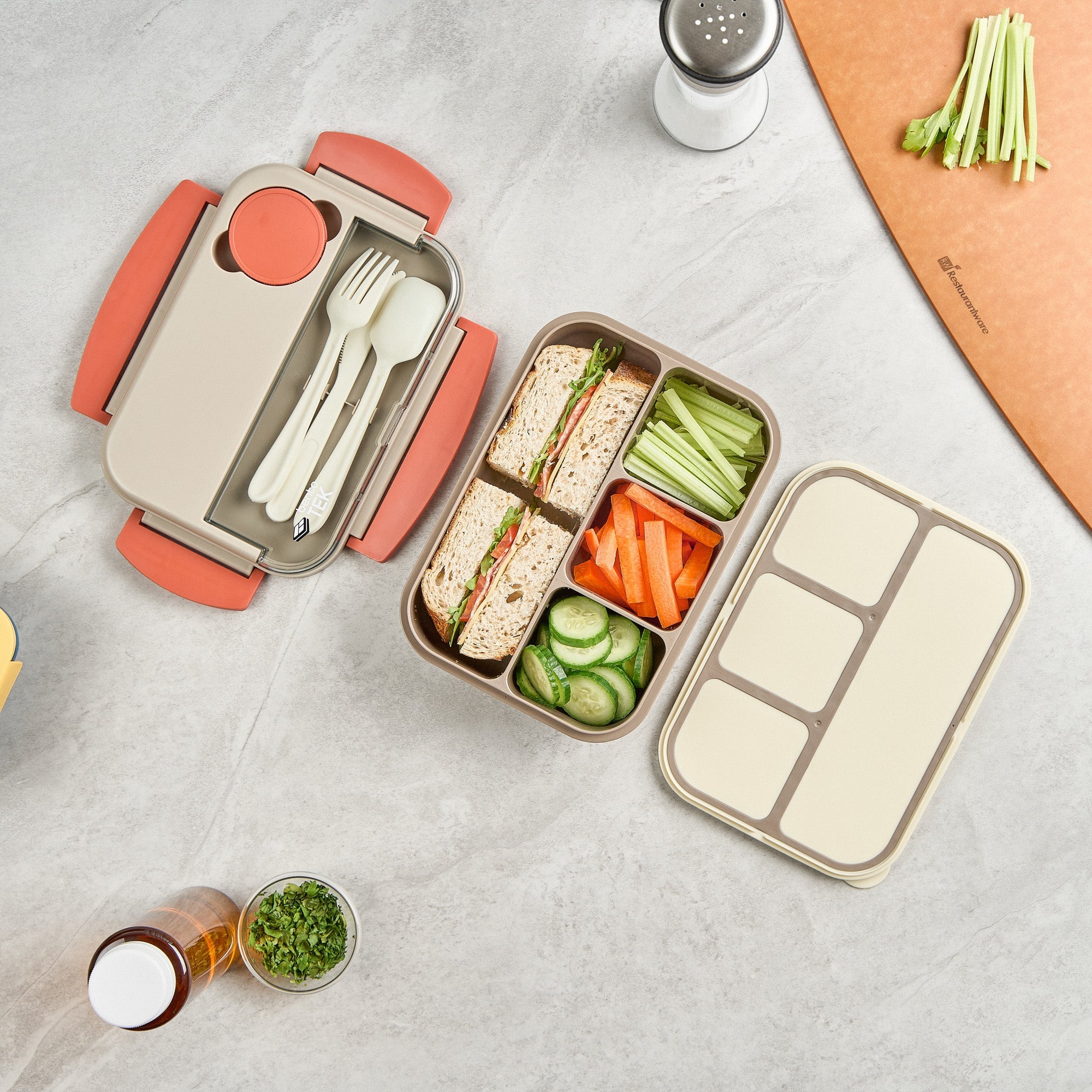 Bento Tek 44 oz Brown and Orange Lunch Box - BPA-Free, Microwave-Safe, with Utensils - 9" x 6 1/2" x 3 1/4" - 1 count box
