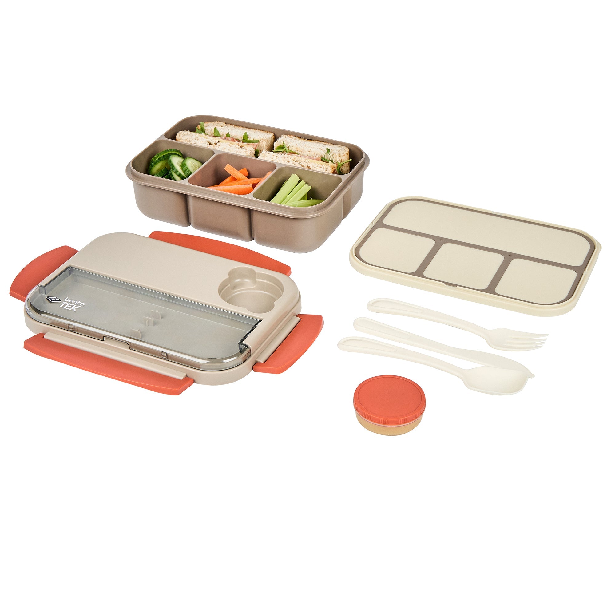 Bento Tek 44 oz Brown and Orange Lunch Box - BPA-Free, Microwave-Safe, with Utensils - 9" x 6 1/2" x 3 1/4" - 10 count box