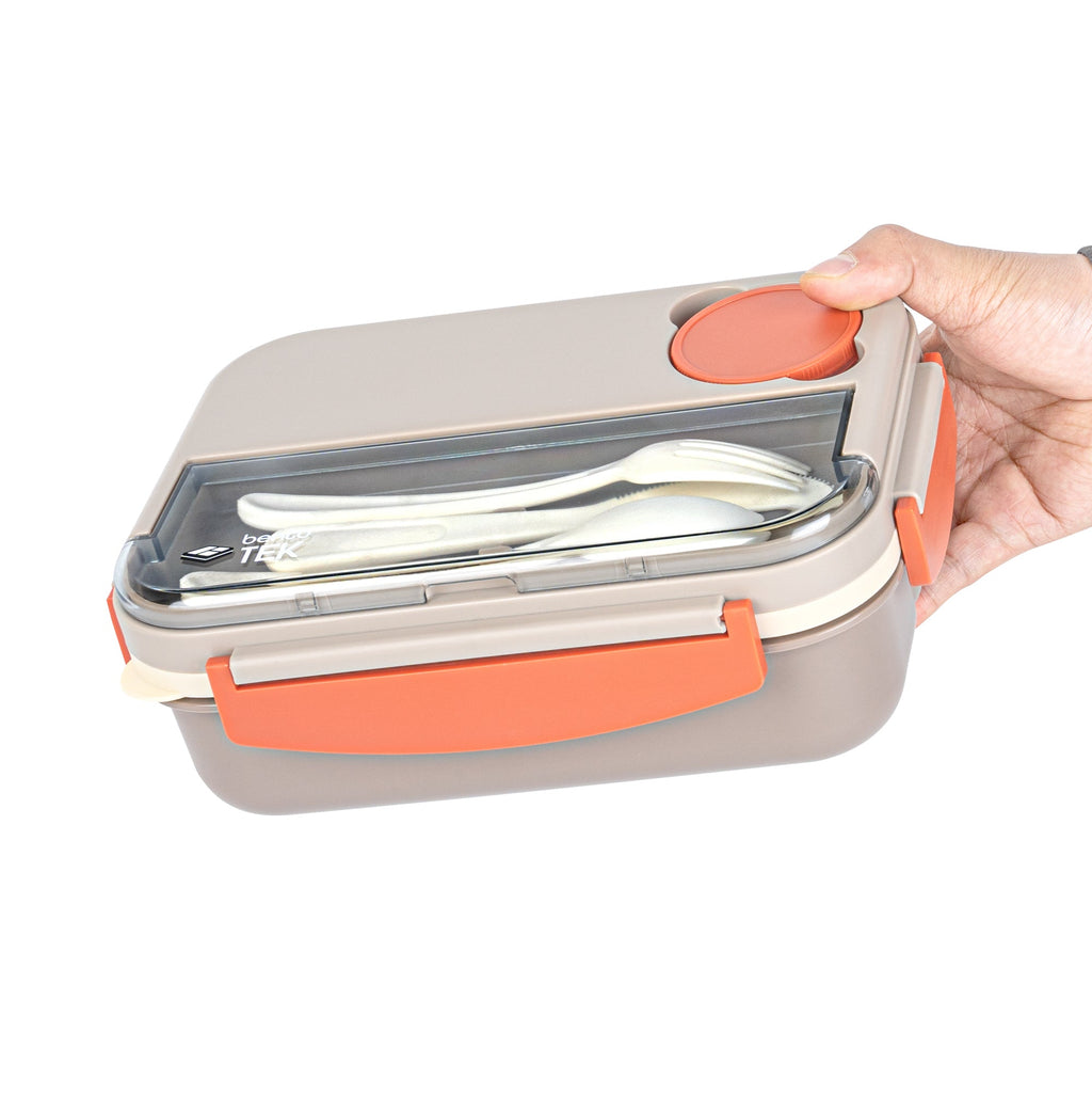Bento Tek 44 oz Brown and Orange Lunch Box - BPA-Free, Microwave-Safe, with Utensils - 9" x 6 1/2" x 3 1/4" - 10 count box