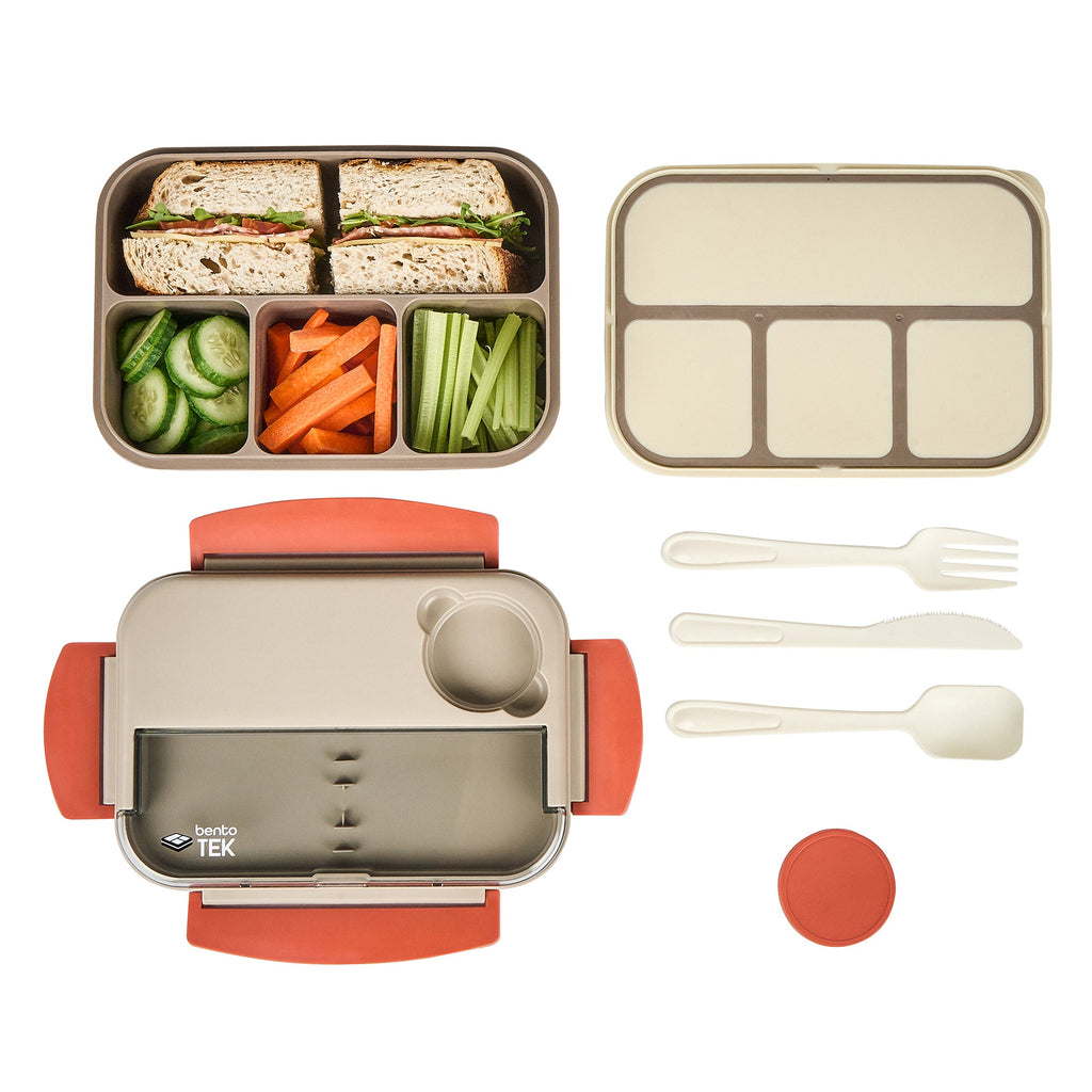 Bento Tek 44 oz Brown and Orange Lunch Box - BPA-Free, Microwave-Safe, with Utensils - 9" x 6 1/2" x 3 1/4" - 10 count box