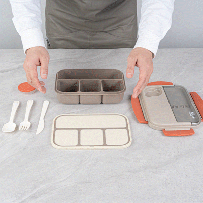 Bento Tek 44 oz Brown and Orange Lunch Box - BPA-Free, Microwave-Safe, with Utensils - 9" x 6 1/2" x 3 1/4" - 10 count box