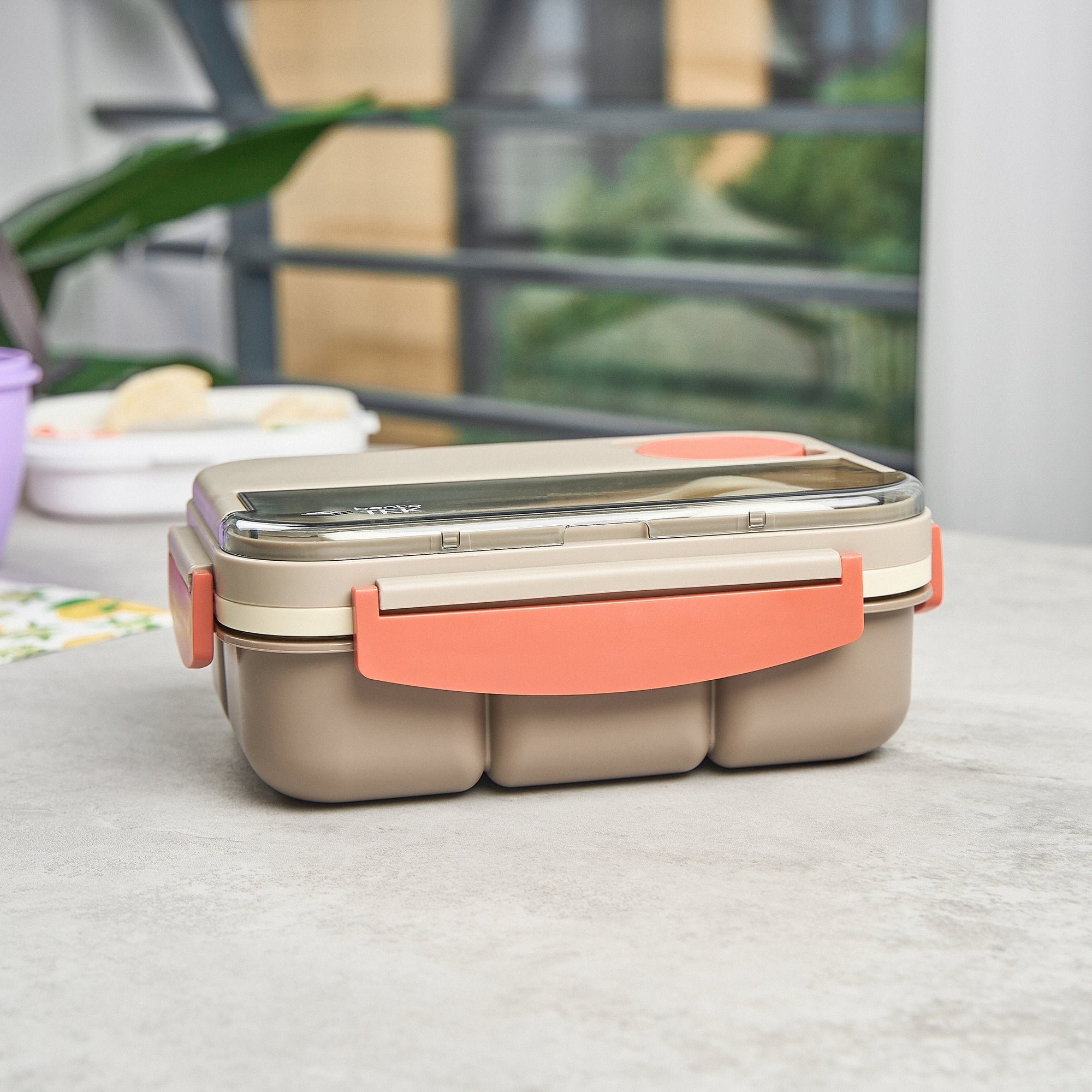 Bento Tek 44 oz Brown and Orange Lunch Box - BPA-Free, Microwave-Safe, with Utensils - 9" x 6 1/2" x 3 1/4" - 10 count box