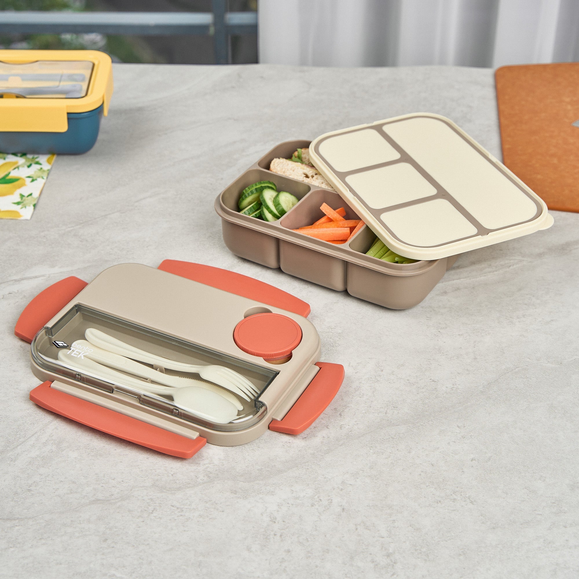 Bento Tek 44 oz Brown and Orange Lunch Box - BPA-Free, Microwave-Safe, with Utensils - 9" x 6 1/2" x 3 1/4" - 10 count box