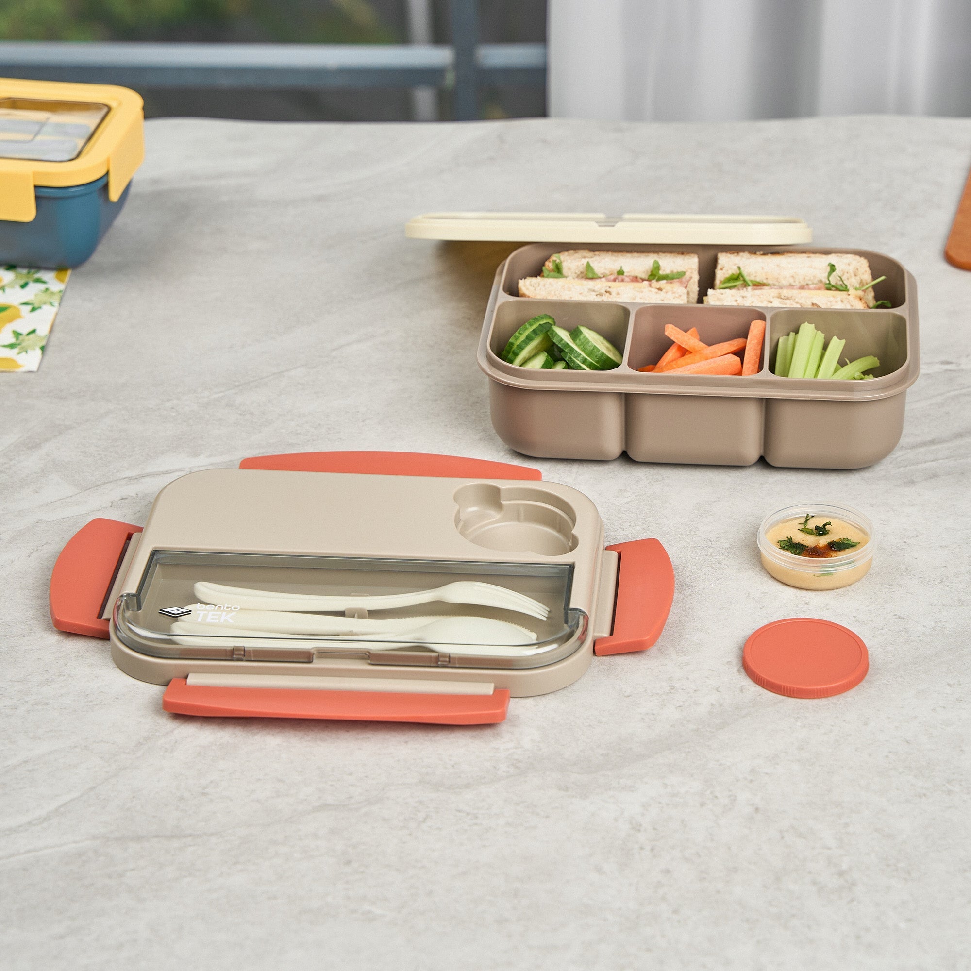 Bento Tek 44 oz Brown and Orange Lunch Box - BPA-Free, Microwave-Safe, with Utensils - 9" x 6 1/2" x 3 1/4" - 10 count box
