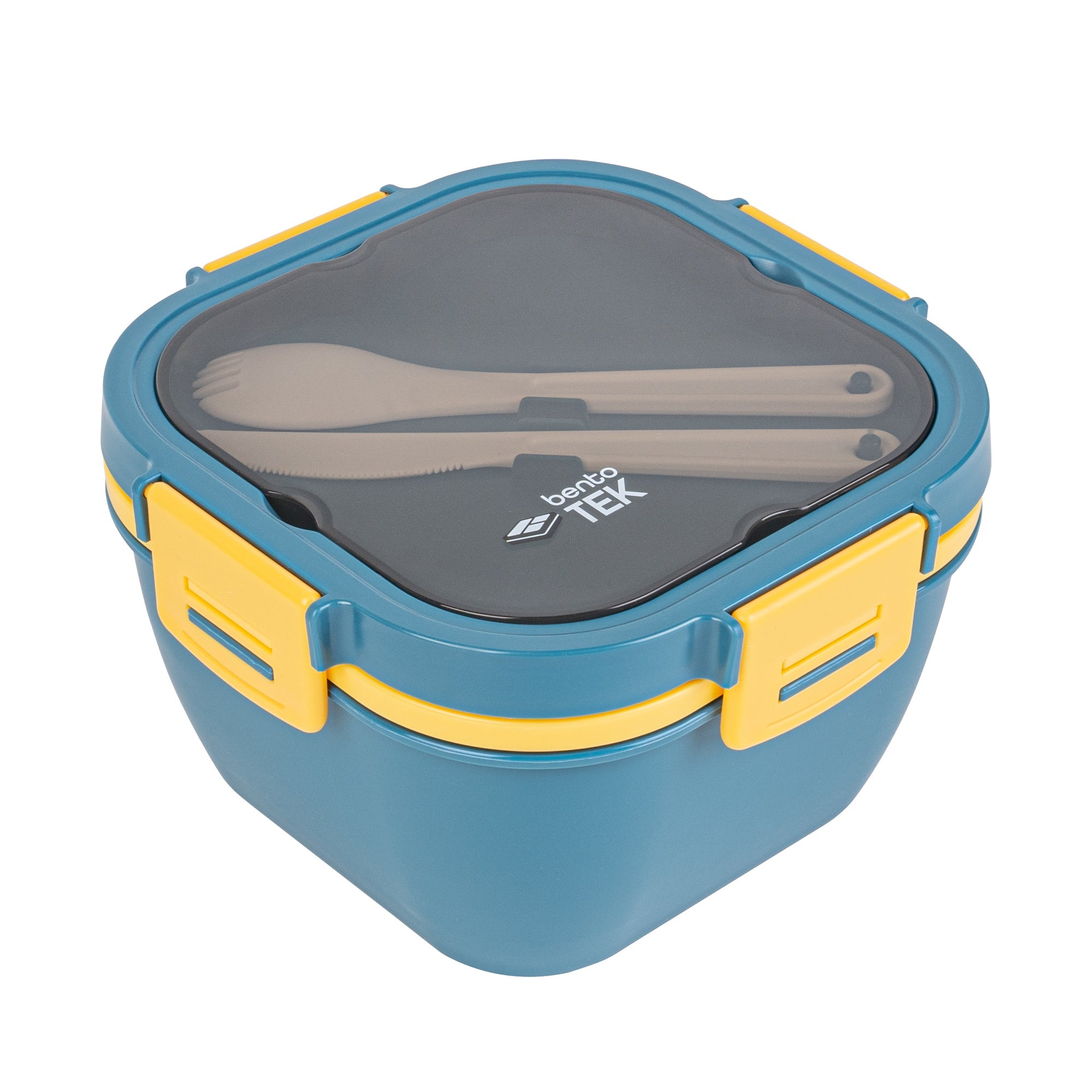 Bento Tek 58 oz Blue and Yellow Lunch Box - BPA-Free, Microwave-Safe, with Fork and Knife - 7 1/4" x 7 1/4" x 4 1/4" - 1 count box