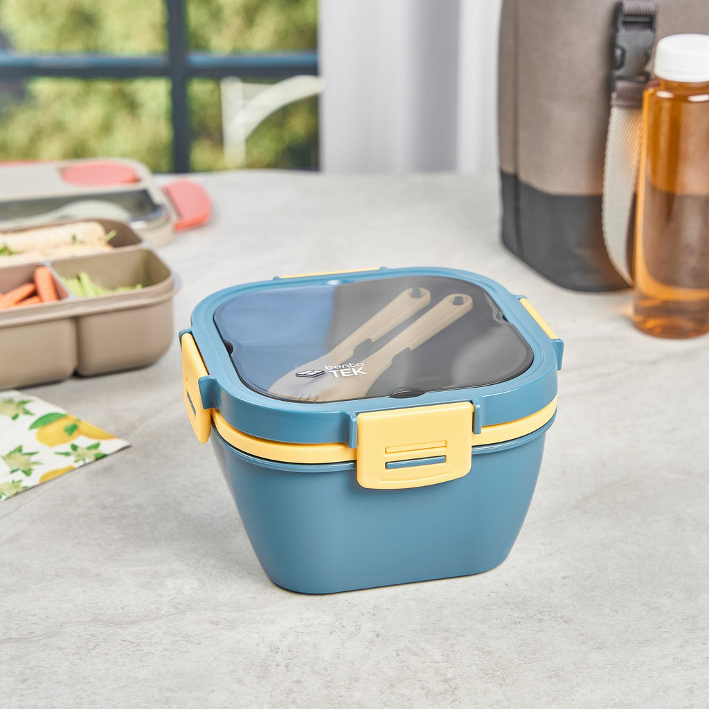 Bento Tek 58 oz Blue and Yellow Lunch Box - BPA-Free, Microwave-Safe, with Fork and Knife - 7 1/4" x 7 1/4" x 4 1/4" - 1 count box