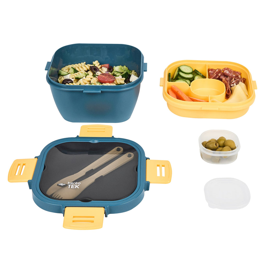Bento Tek 58 oz Blue and Yellow Lunch Box - BPA-Free, Microwave-Safe, with Fork and Knife - 7 1/4" x 7 1/4" x 4 1/4" - 1 count box
