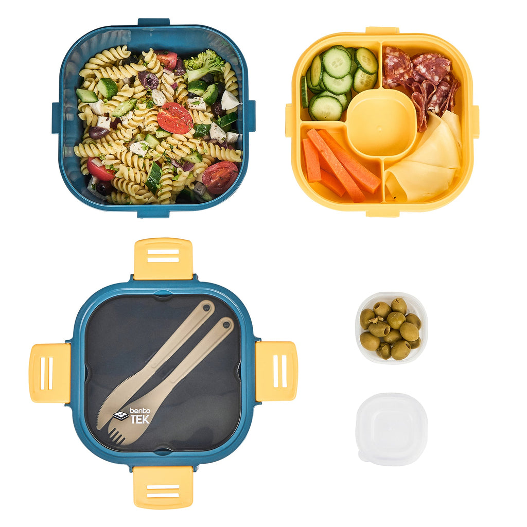 Bento Tek 58 oz Blue and Yellow Lunch Box - BPA-Free, Microwave-Safe, with Fork and Knife - 7 1/4" x 7 1/4" x 4 1/4" - 1 count box