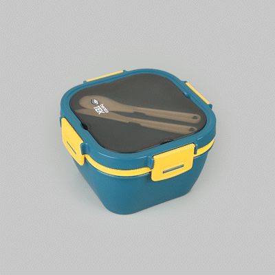 Bento Tek 58 oz Blue and Yellow Lunch Box - BPA-Free, Microwave-Safe, with Fork and Knife - 7 1/4" x 7 1/4" x 4 1/4" - 1 count box