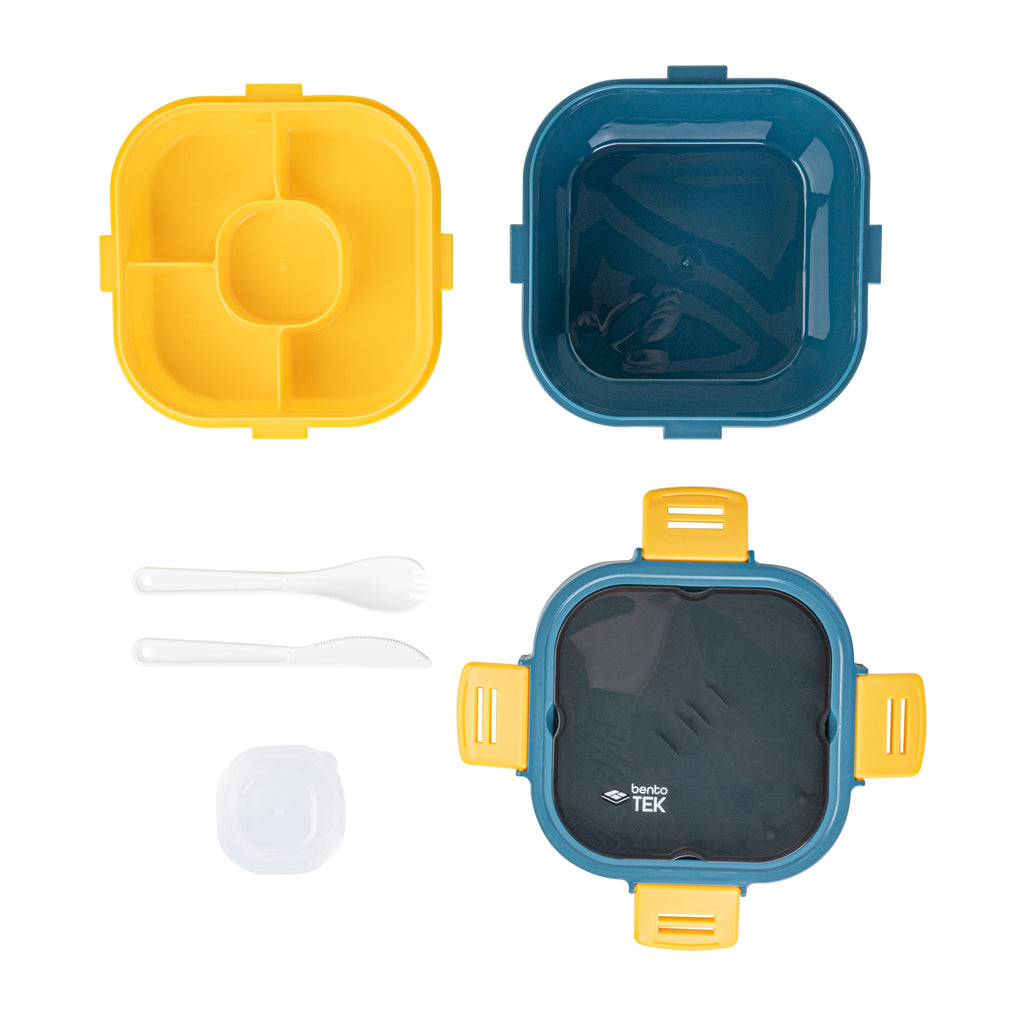 Bento Tek 58 oz Blue and Yellow Lunch Box - BPA-Free, Microwave-Safe, with Fork and Knife - 7 1/4" x 7 1/4" x 4 1/4" - 1 count box
