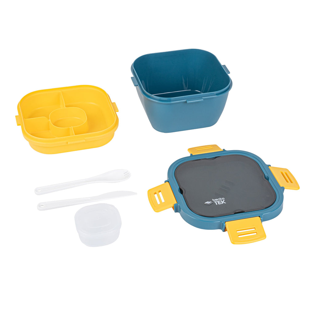 Bento Tek 58 oz Blue and Yellow Lunch Box - BPA-Free, Microwave-Safe, with Fork and Knife - 7 1/4" x 7 1/4" x 4 1/4" - 1 count box