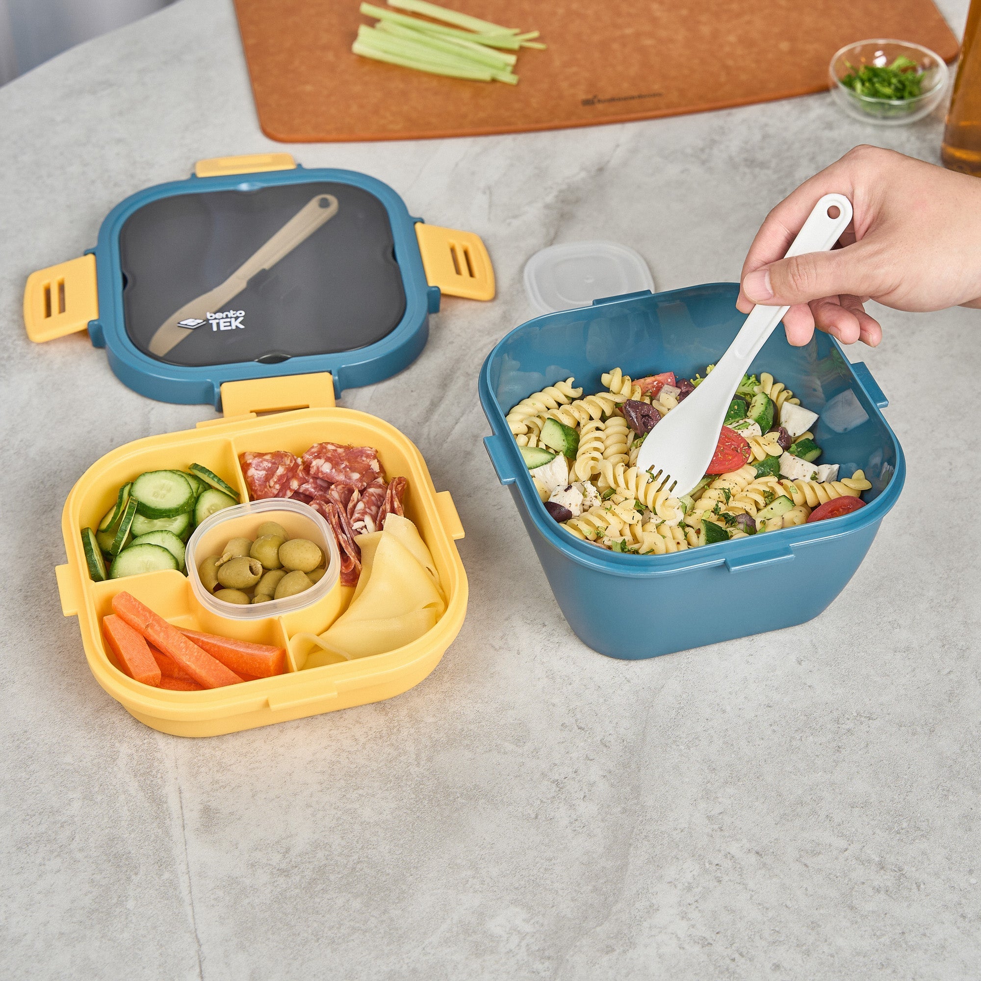 Bento Tek 58 oz Blue and Yellow Lunch Box - BPA-Free, Microwave-Safe, with Fork and Knife - 7 1/4" x 7 1/4" x 4 1/4" - 1 count box