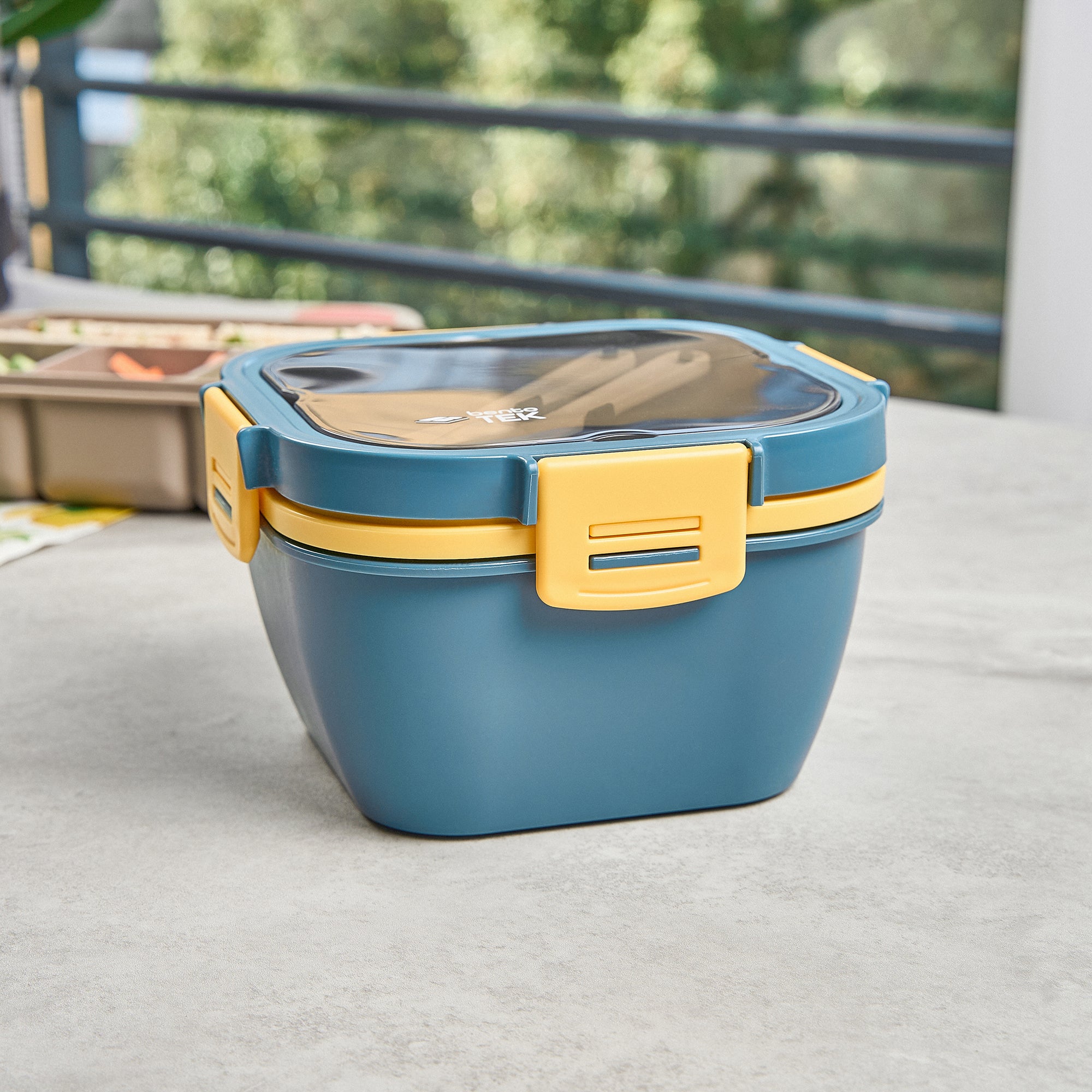 Bento Tek 58 oz Blue and Yellow Lunch Box - BPA-Free, Microwave-Safe, with Fork and Knife - 7 1/4" x 7 1/4" x 4 1/4" - 1 count box