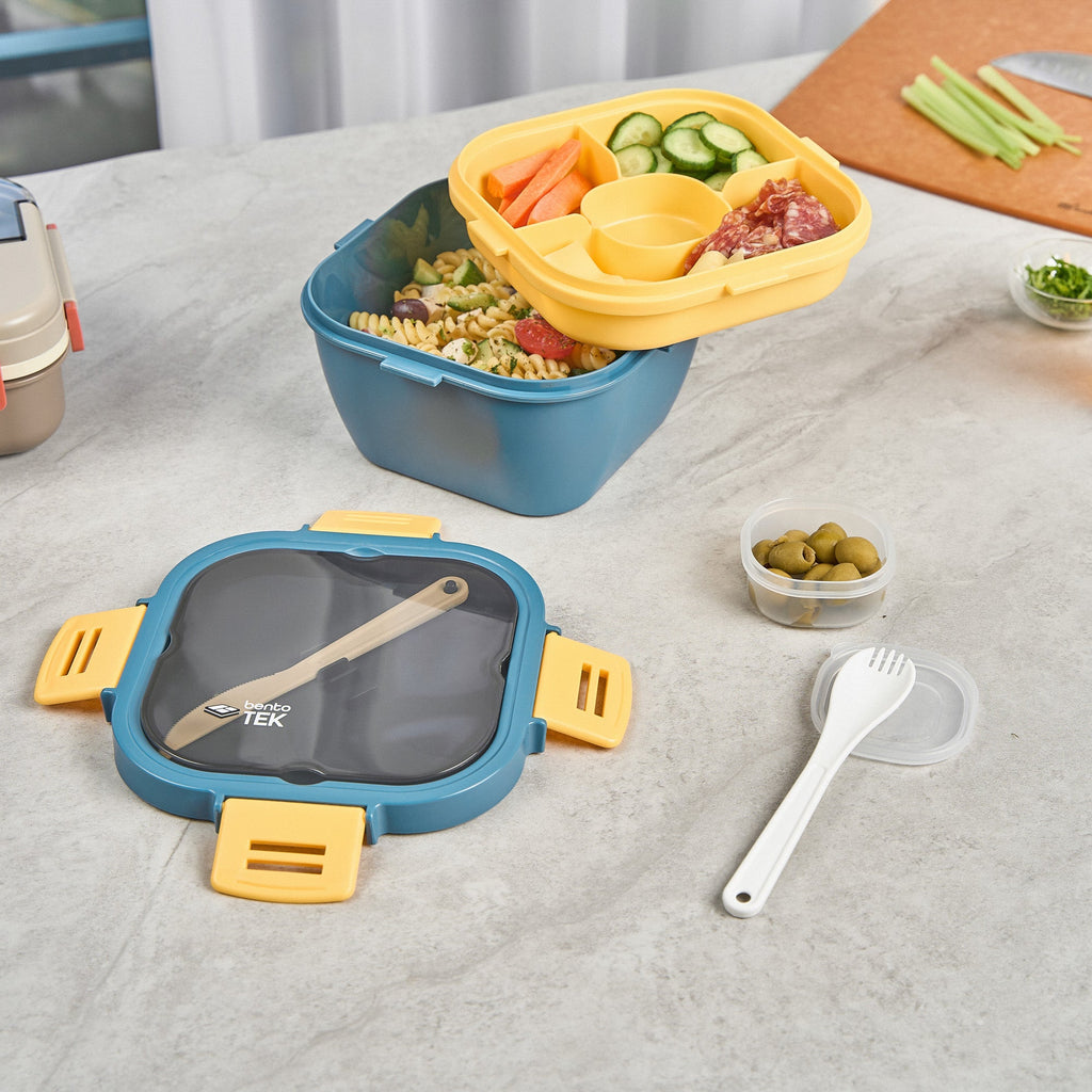 Bento Tek 58 oz Blue and Yellow Lunch Box - BPA-Free, Microwave-Safe, with Fork and Knife - 7 1/4" x 7 1/4" x 4 1/4" - 1 count box
