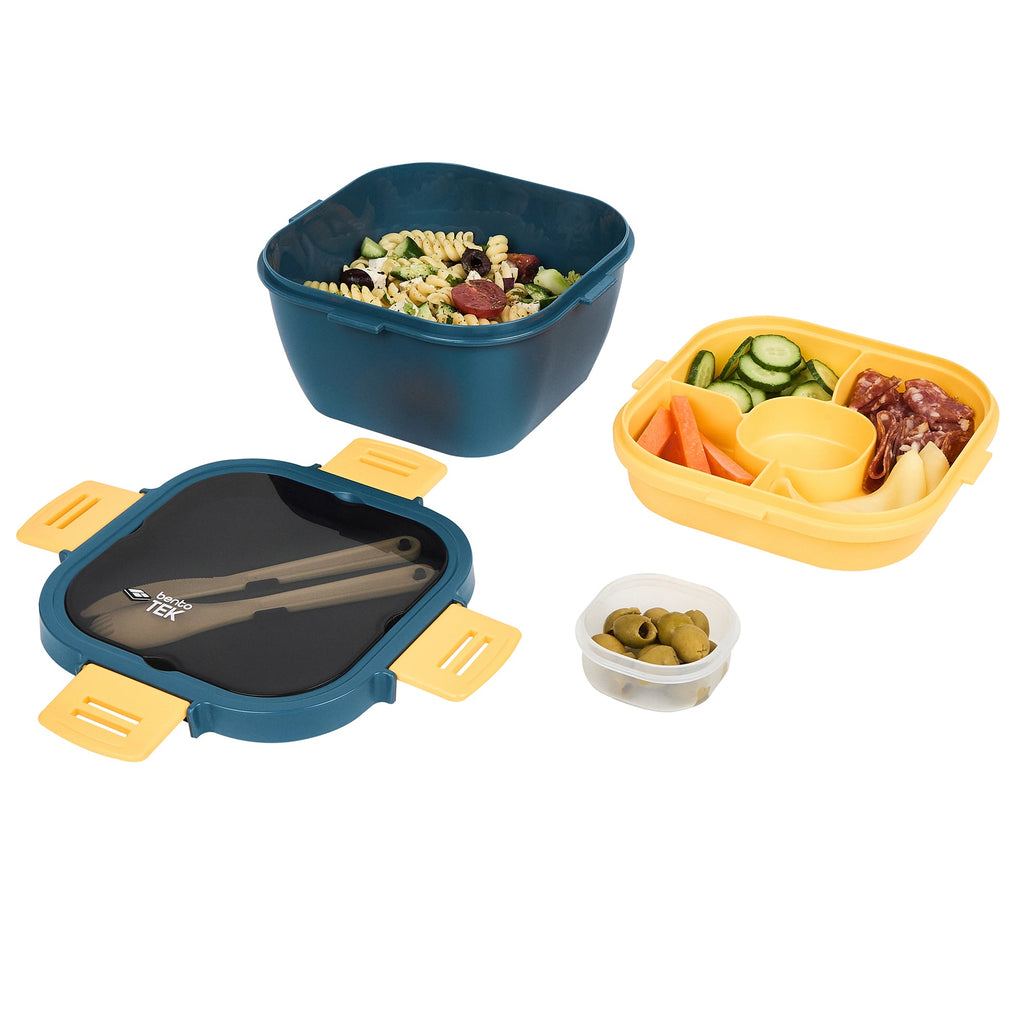 Bento Tek 58 oz Blue and Yellow Lunch Box - BPA-Free, Microwave-Safe, with Fork and Knife - 7 1/4" x 7 1/4" x 4 1/4" - 10 count box