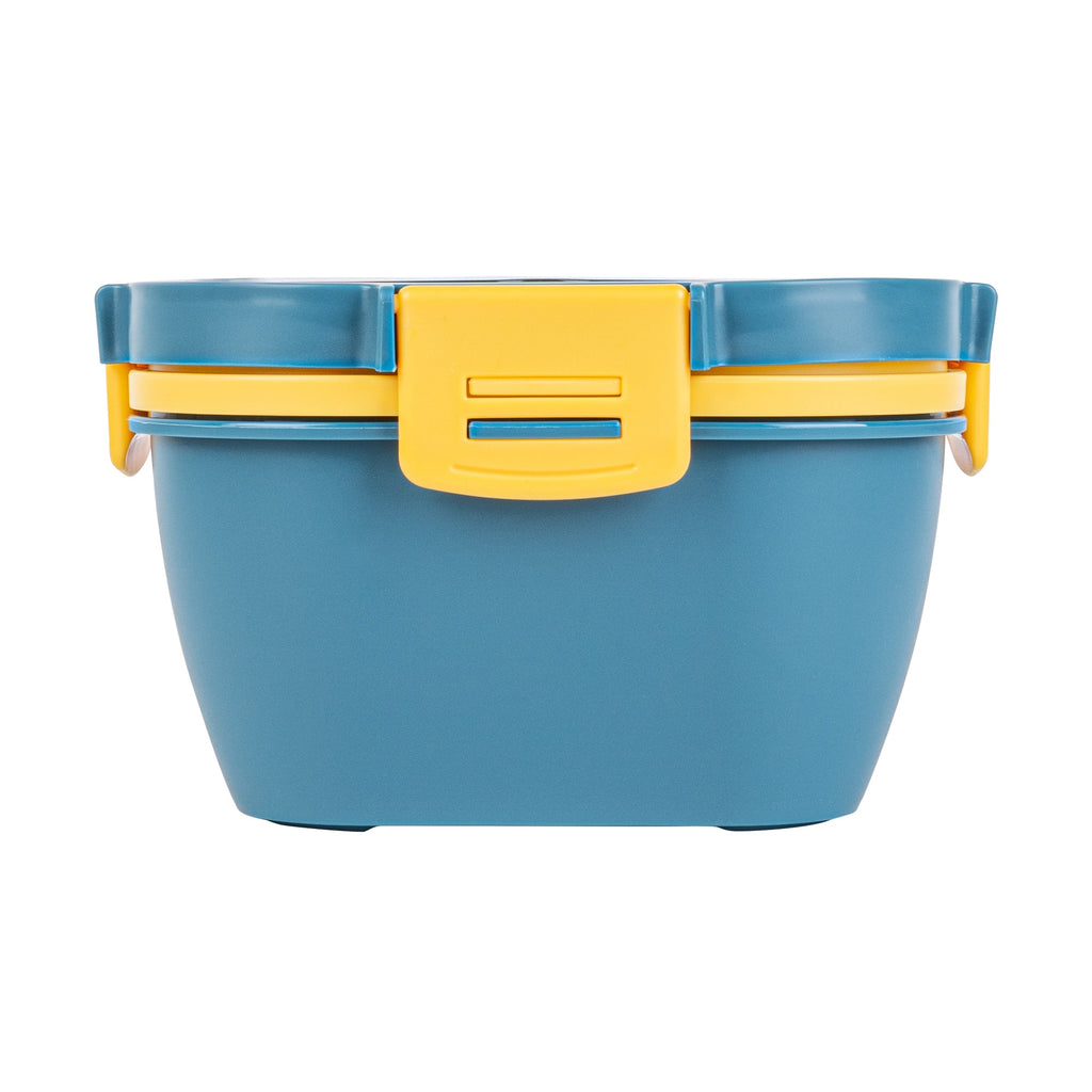 Bento Tek 58 oz Blue and Yellow Lunch Box - BPA-Free, Microwave-Safe, with Fork and Knife - 7 1/4" x 7 1/4" x 4 1/4" - 10 count box