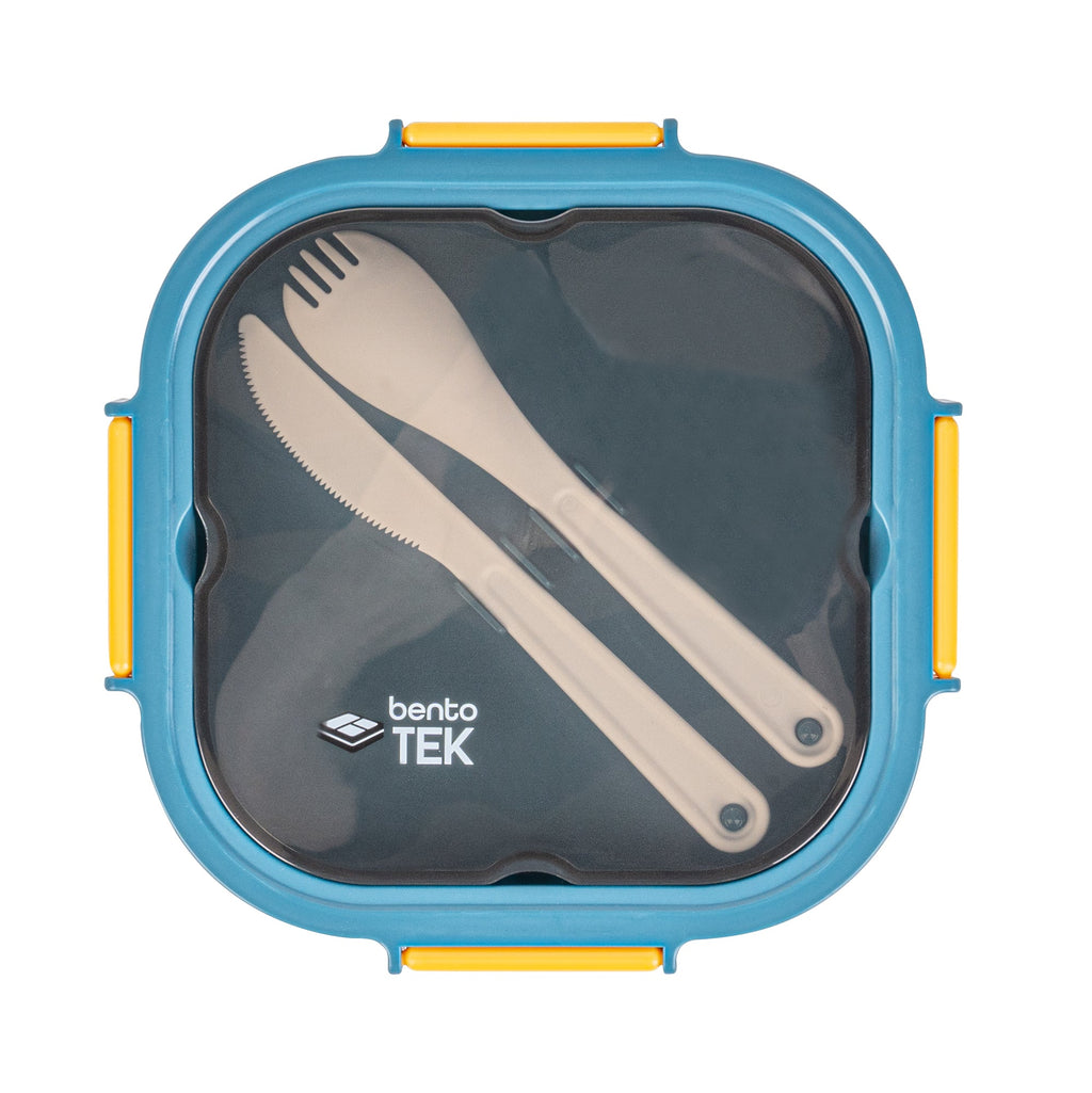 Bento Tek 58 oz Blue and Yellow Lunch Box - BPA-Free, Microwave-Safe, with Fork and Knife - 7 1/4" x 7 1/4" x 4 1/4" - 10 count box