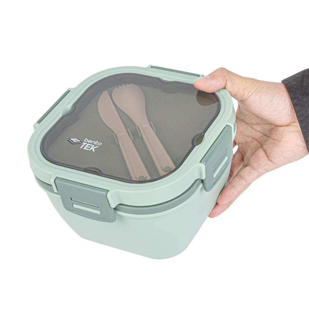 Bento Tek 58 oz Green Lunch Box - BPA-Free, Microwave-Safe, with Fork and Knife - 7 1/4" x 7 1/4" x 4 1/4" - 1 count box