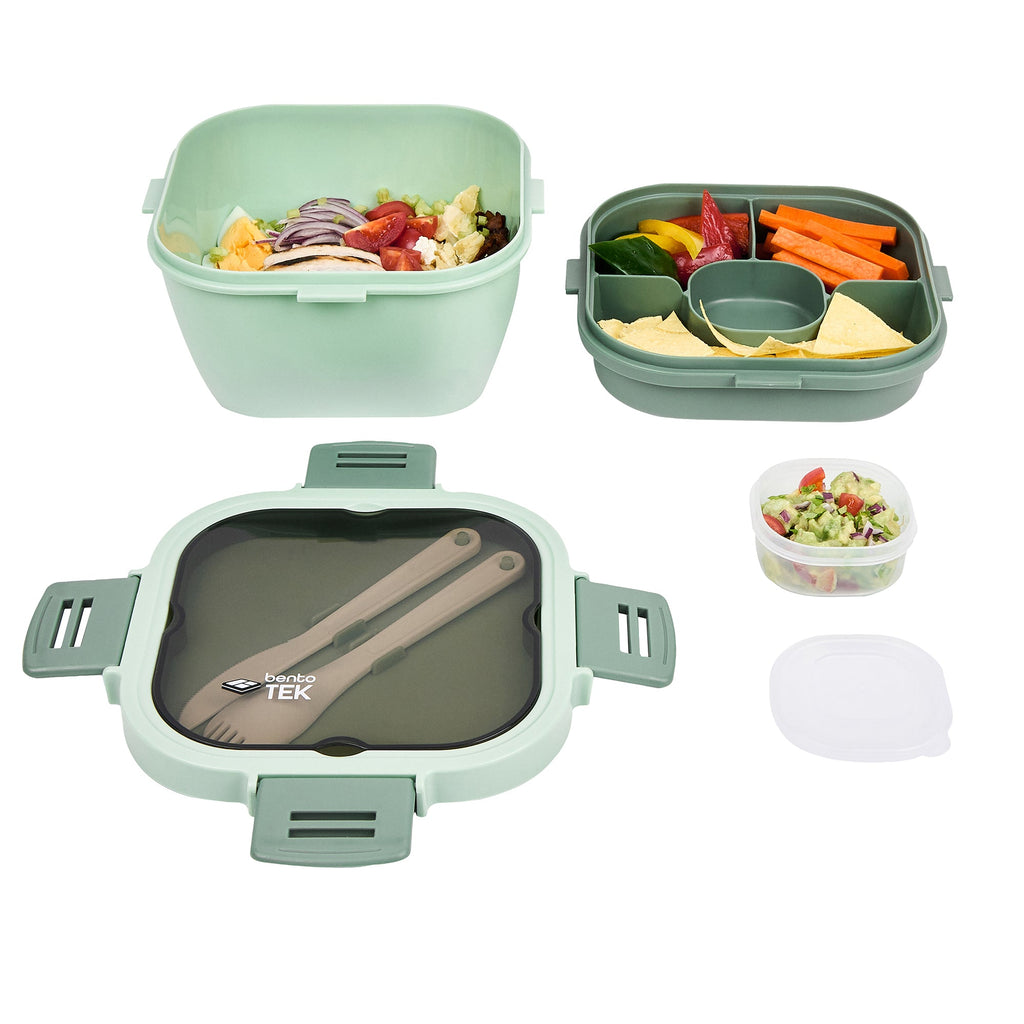 Bento Tek 58 oz Green Lunch Box - BPA-Free, Microwave-Safe, with Fork and Knife - 7 1/4" x 7 1/4" x 4 1/4" - 1 count box