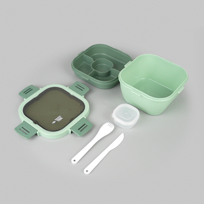 Bento Tek 58 oz Green Lunch Box - BPA-Free, Microwave-Safe, with Fork and Knife - 7 1/4" x 7 1/4" x 4 1/4" - 1 count box