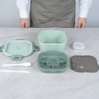 Bento Tek 58 oz Green Lunch Box - BPA-Free, Microwave-Safe, with Fork and Knife - 7 1/4" x 7 1/4" x 4 1/4" - 1 count box