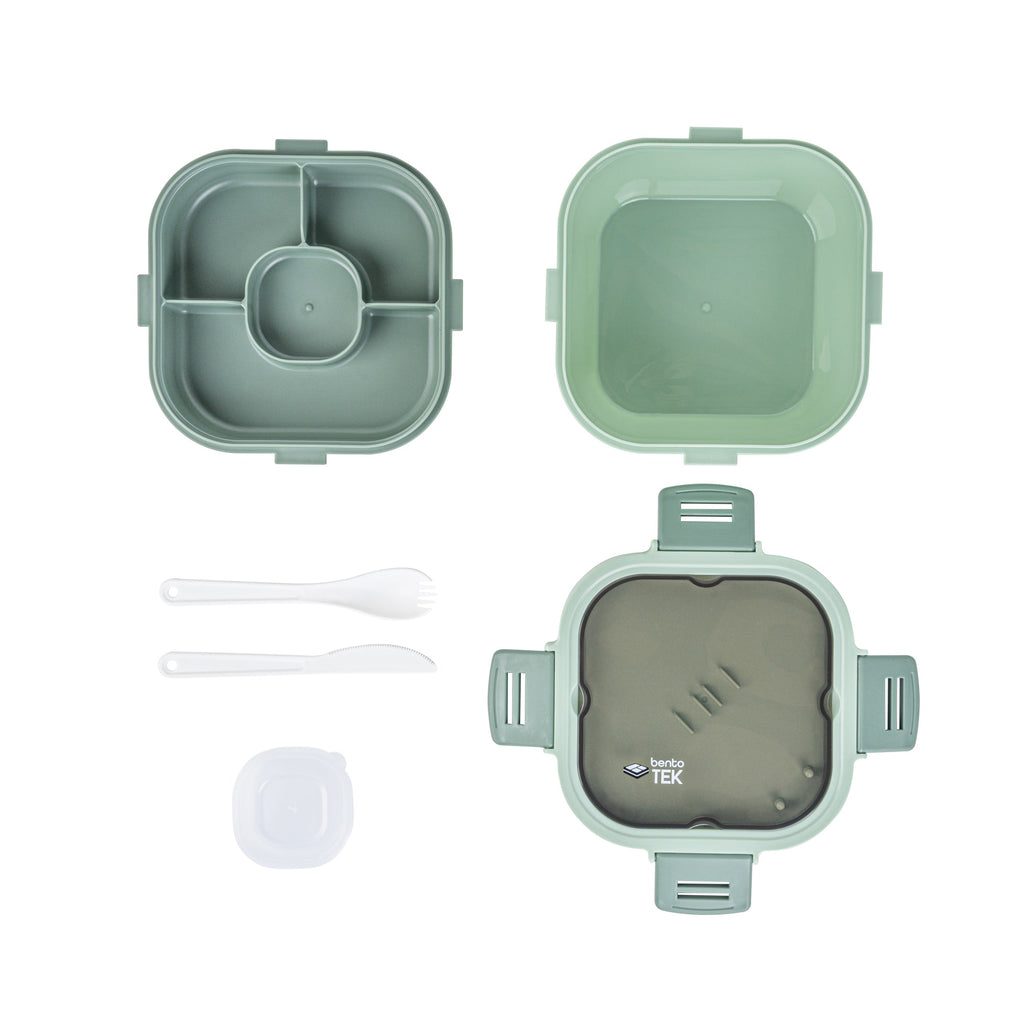 Bento Tek 58 oz Green Lunch Box - BPA-Free, Microwave-Safe, with Fork and Knife - 7 1/4" x 7 1/4" x 4 1/4" - 1 count box