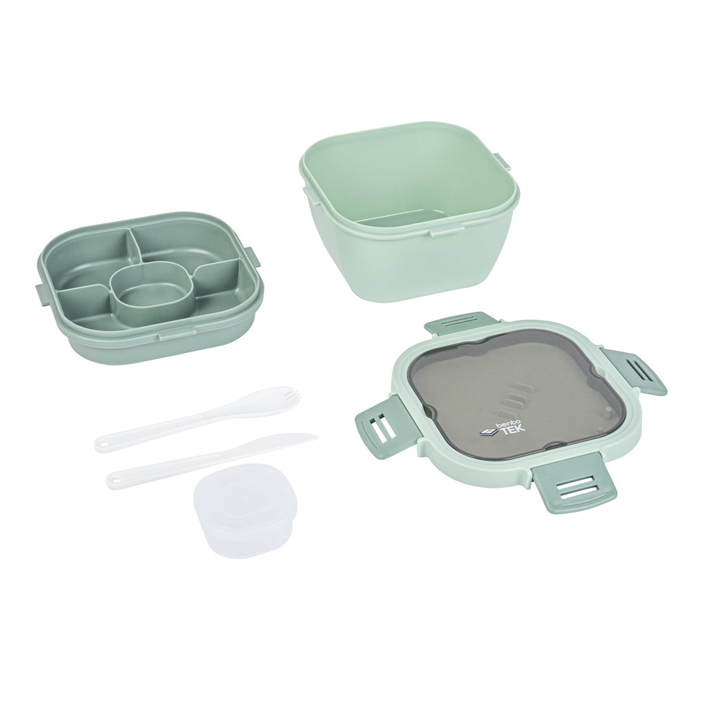 Bento Tek 58 oz Green Lunch Box - BPA-Free, Microwave-Safe, with Fork and Knife - 7 1/4" x 7 1/4" x 4 1/4" - 1 count box