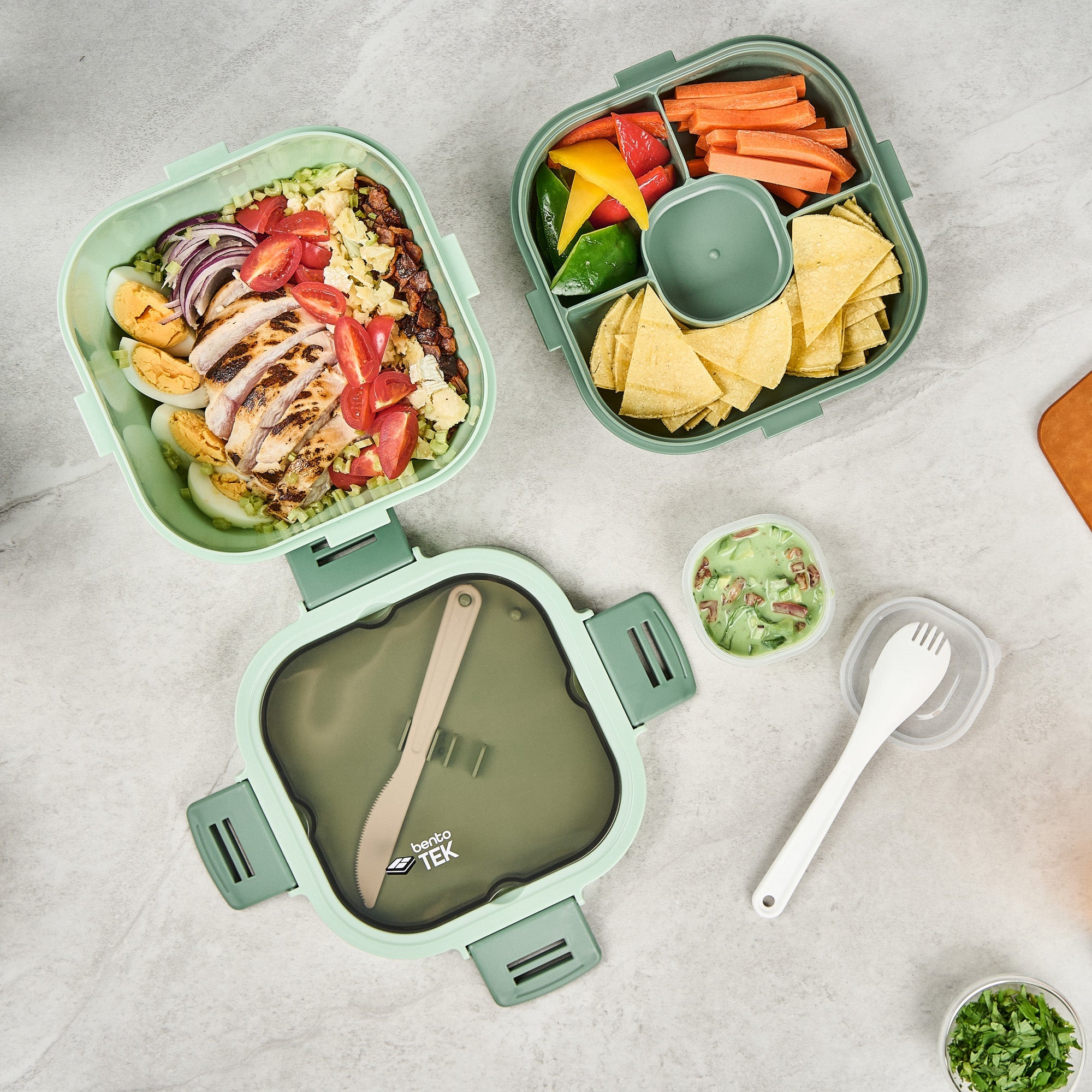 Bento Tek 58 oz Green Lunch Box - BPA-Free, Microwave-Safe, with Fork and Knife - 7 1/4" x 7 1/4" x 4 1/4" - 1 count box