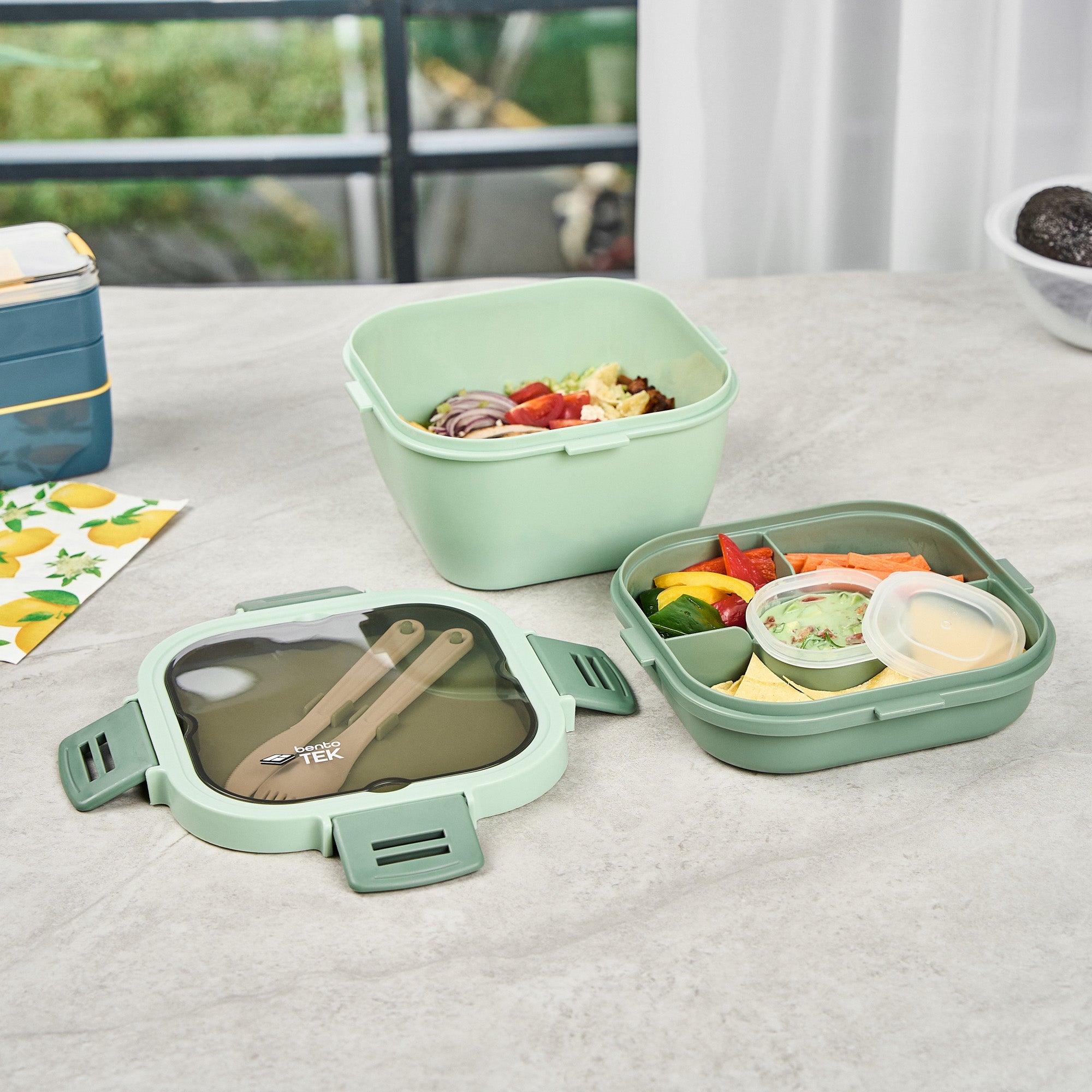 Bento Tek 58 oz Green Lunch Box - BPA-Free, Microwave-Safe, with Fork and Knife - 7 1/4" x 7 1/4" x 4 1/4" - 1 count box