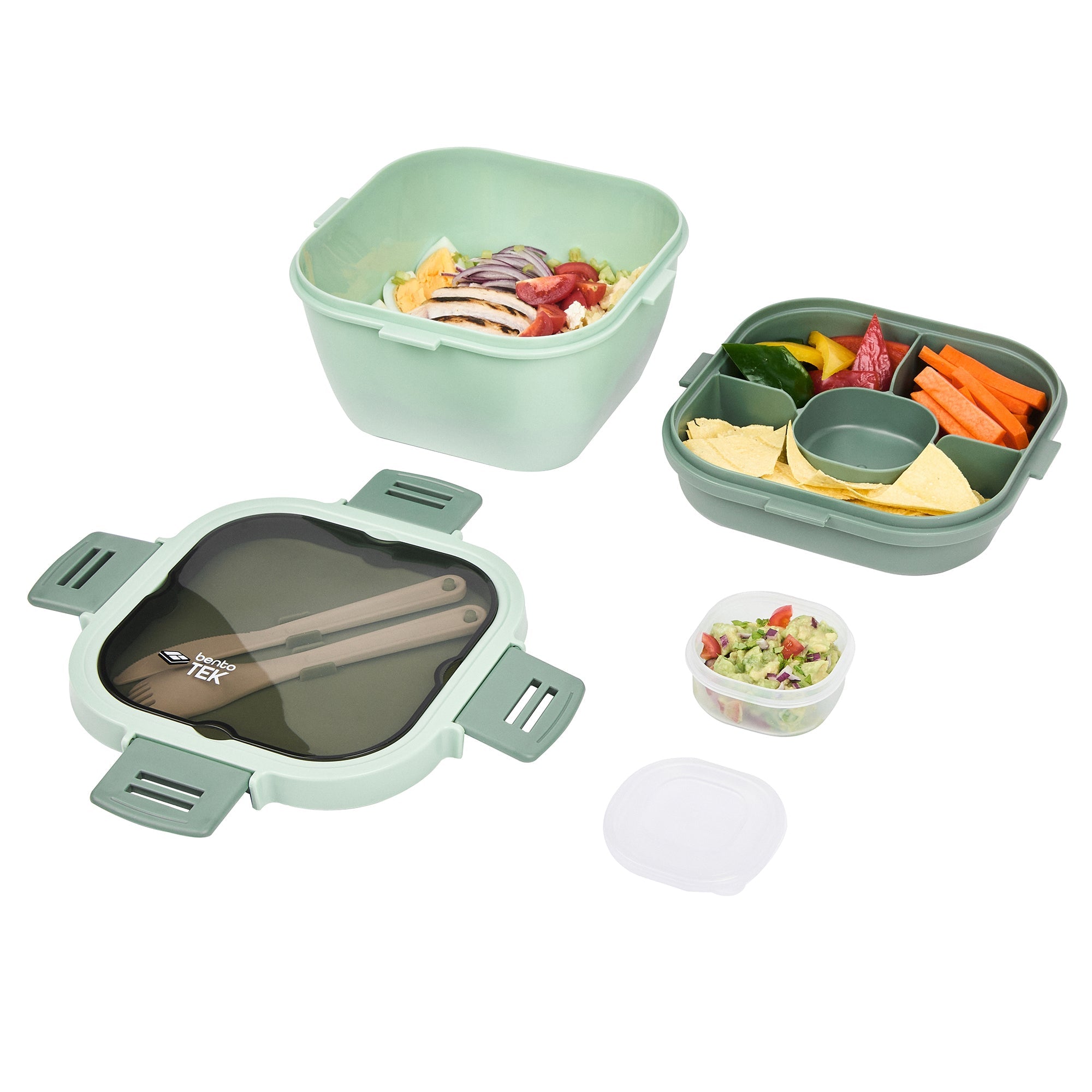 Bento Tek 58 oz Green Lunch Box - BPA-Free, Microwave-Safe, with Fork and Knife - 7 1/4" x 7 1/4" x 4 1/4" - 10 count box