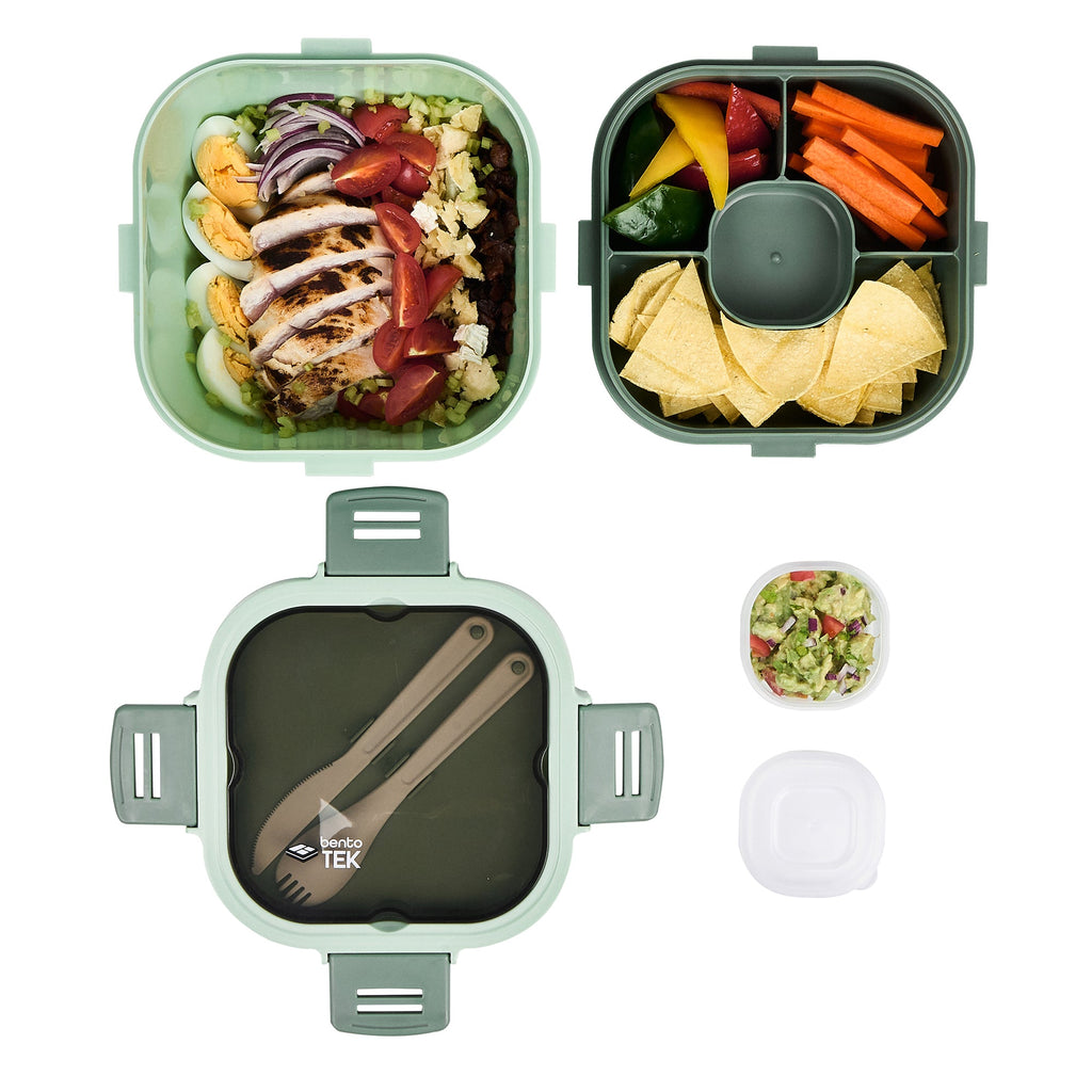 Bento Tek 58 oz Green Lunch Box - BPA-Free, Microwave-Safe, with Fork and Knife - 7 1/4" x 7 1/4" x 4 1/4" - 10 count box