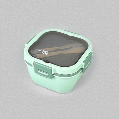 Bento Tek 58 oz Green Lunch Box - BPA-Free, Microwave-Safe, with Fork and Knife - 7 1/4" x 7 1/4" x 4 1/4" - 10 count box