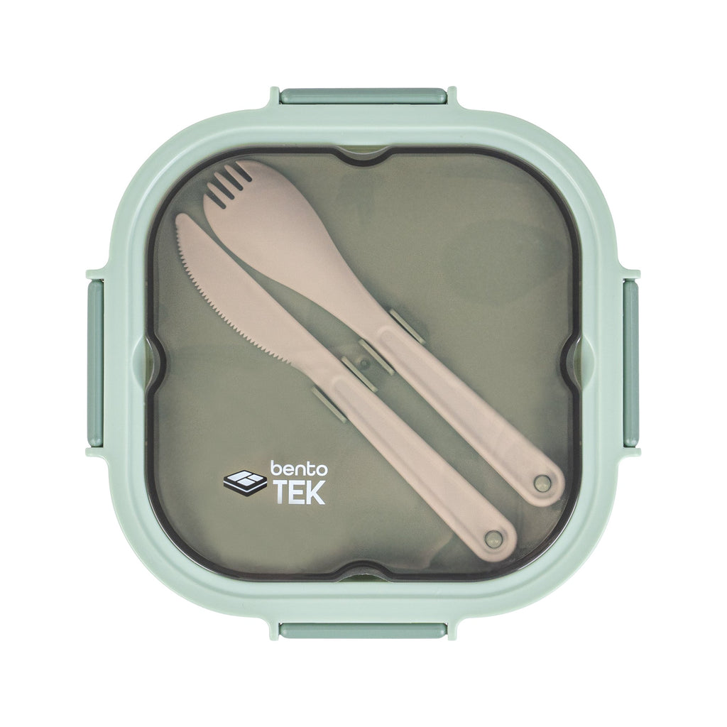 Bento Tek 58 oz Green Lunch Box - BPA-Free, Microwave-Safe, with Fork and Knife - 7 1/4" x 7 1/4" x 4 1/4" - 10 count box
