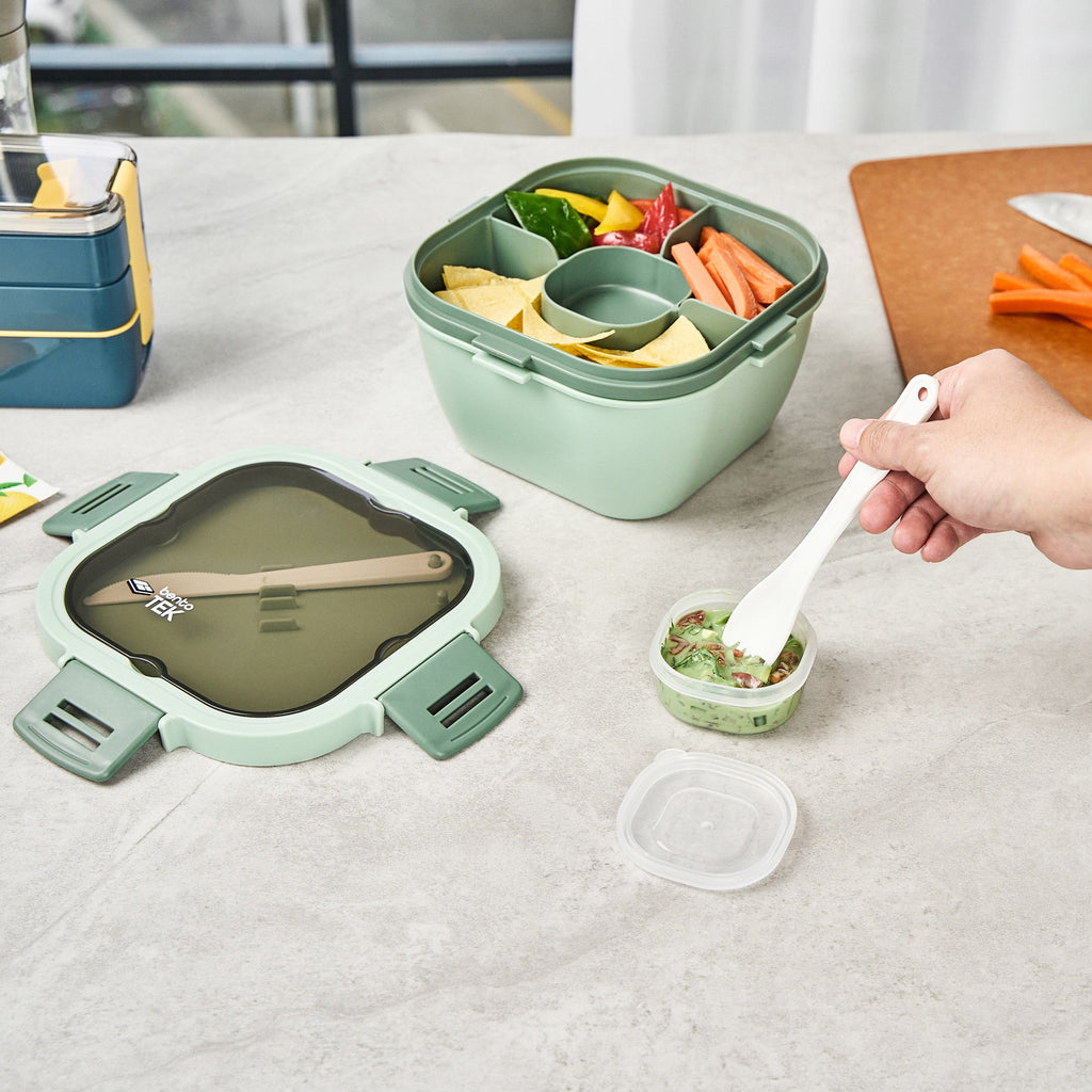Bento Tek 58 oz Green Lunch Box - BPA-Free, Microwave-Safe, with Fork and Knife - 7 1/4" x 7 1/4" x 4 1/4" - 10 count box