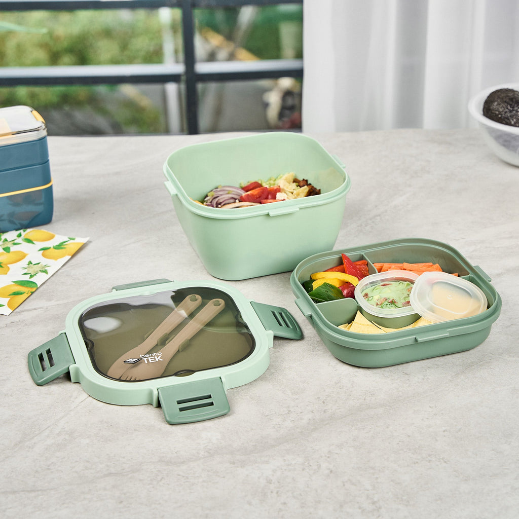 Bento Tek 58 oz Green Lunch Box - BPA-Free, Microwave-Safe, with Fork and Knife - 7 1/4" x 7 1/4" x 4 1/4" - 10 count box