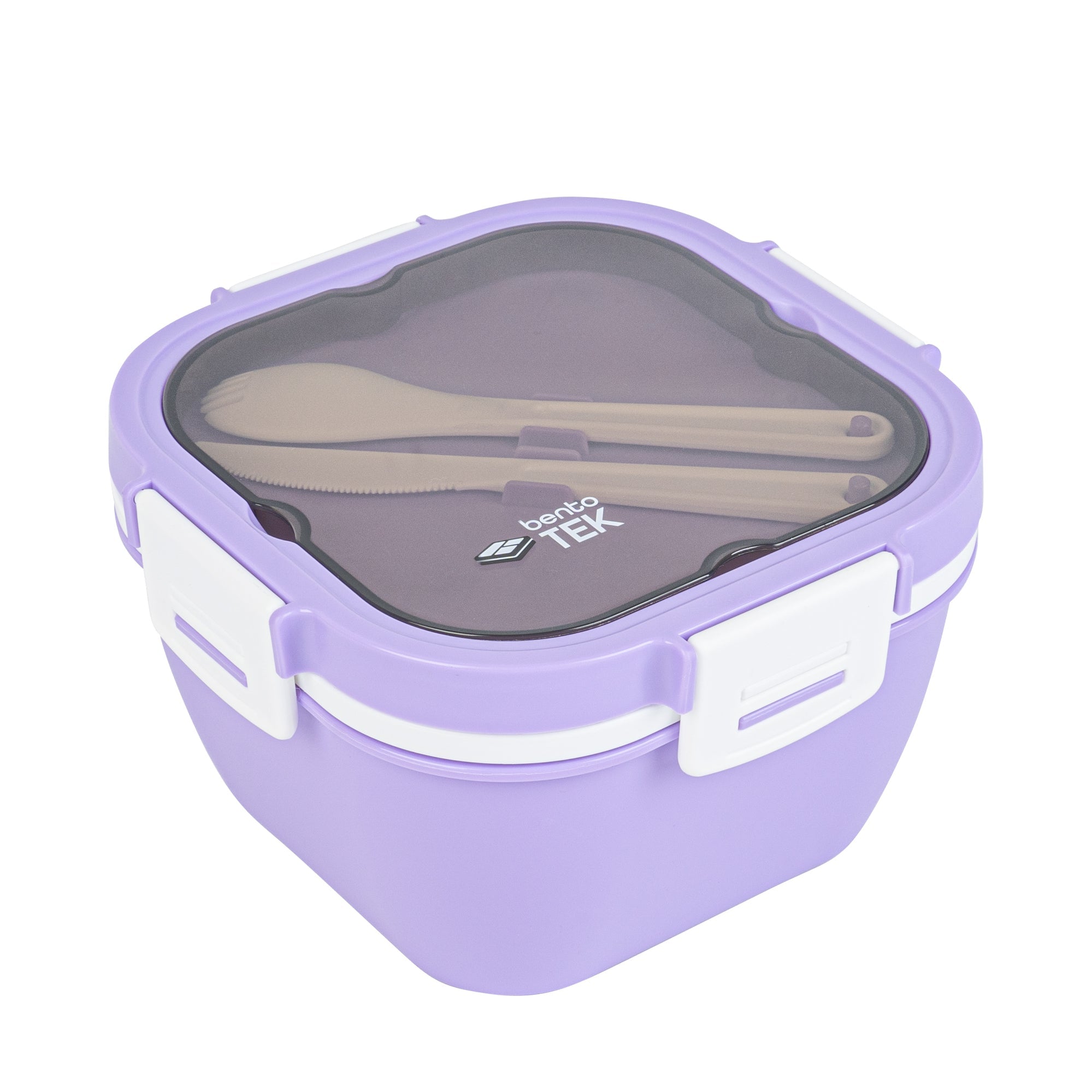 Bento Tek 58 oz Purple and White Lunch Box - BPA-Free, Microwave-Safe, with Fork and Knife - 7 1/4" x 7 1/4" x 4 1/4" - 1 count box