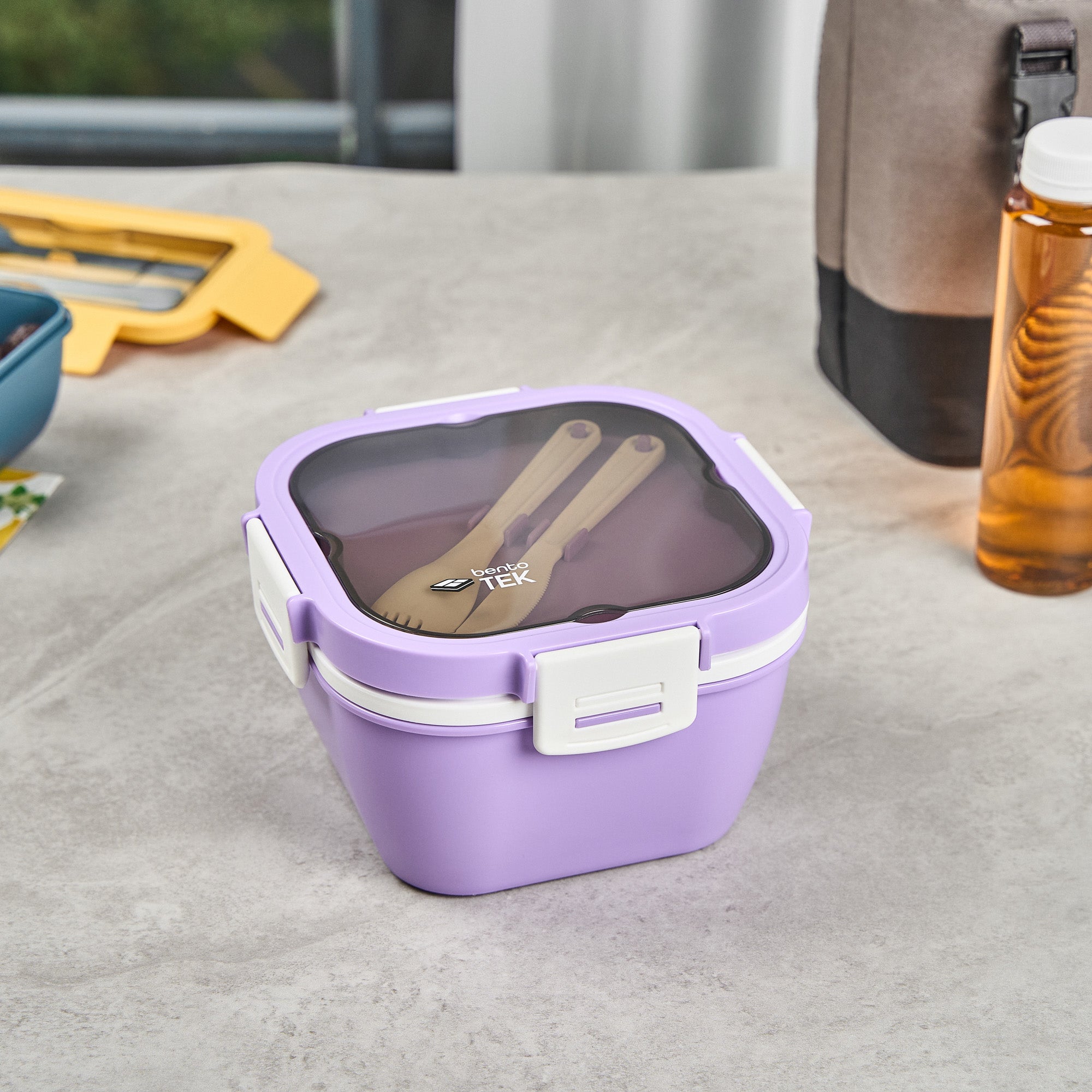 Bento Tek 58 oz Purple and White Lunch Box - BPA-Free, Microwave-Safe, with Fork and Knife - 7 1/4" x 7 1/4" x 4 1/4" - 1 count box