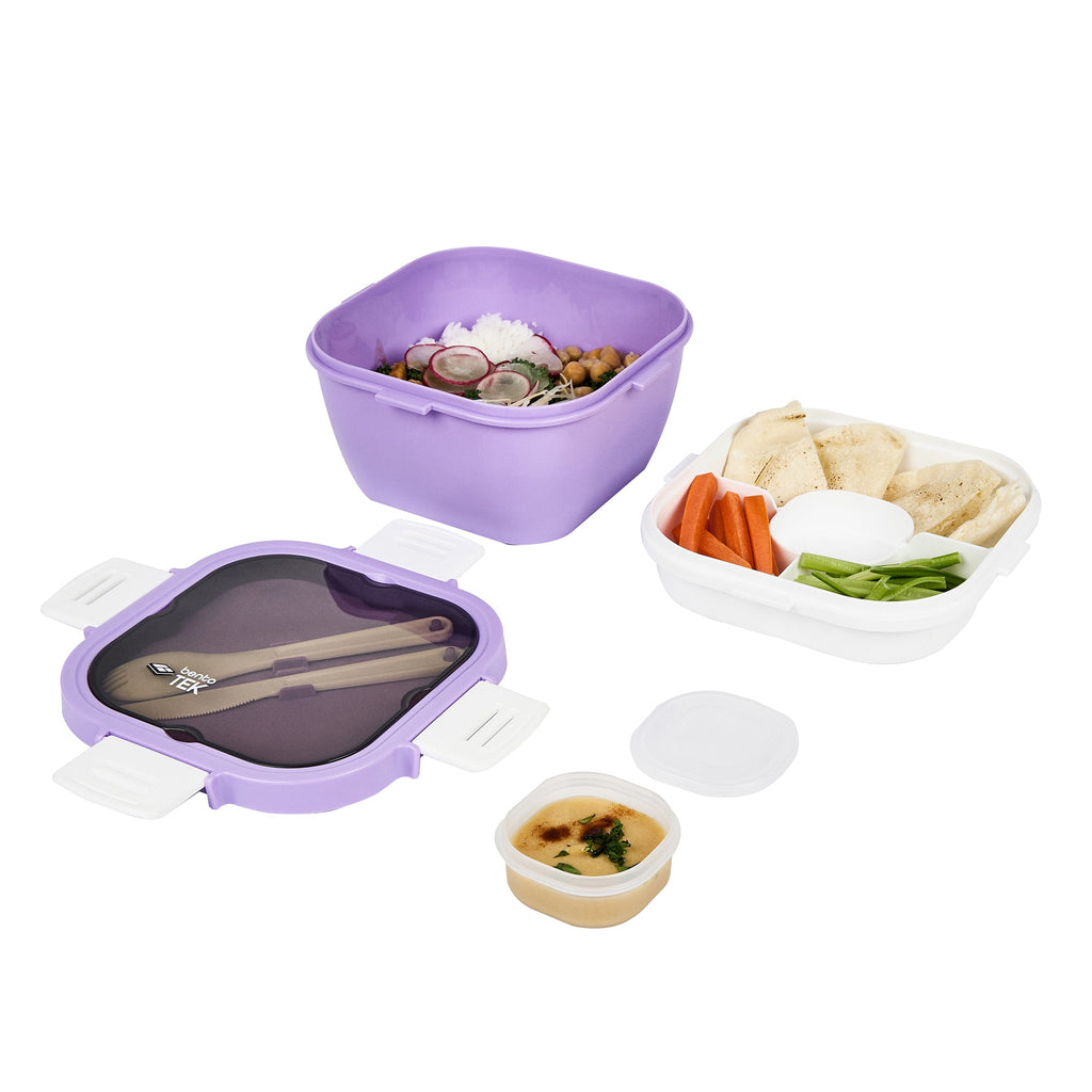 Bento Tek 58 oz Purple and White Lunch Box - BPA-Free, Microwave-Safe, with Fork and Knife - 7 1/4" x 7 1/4" x 4 1/4" - 1 count box