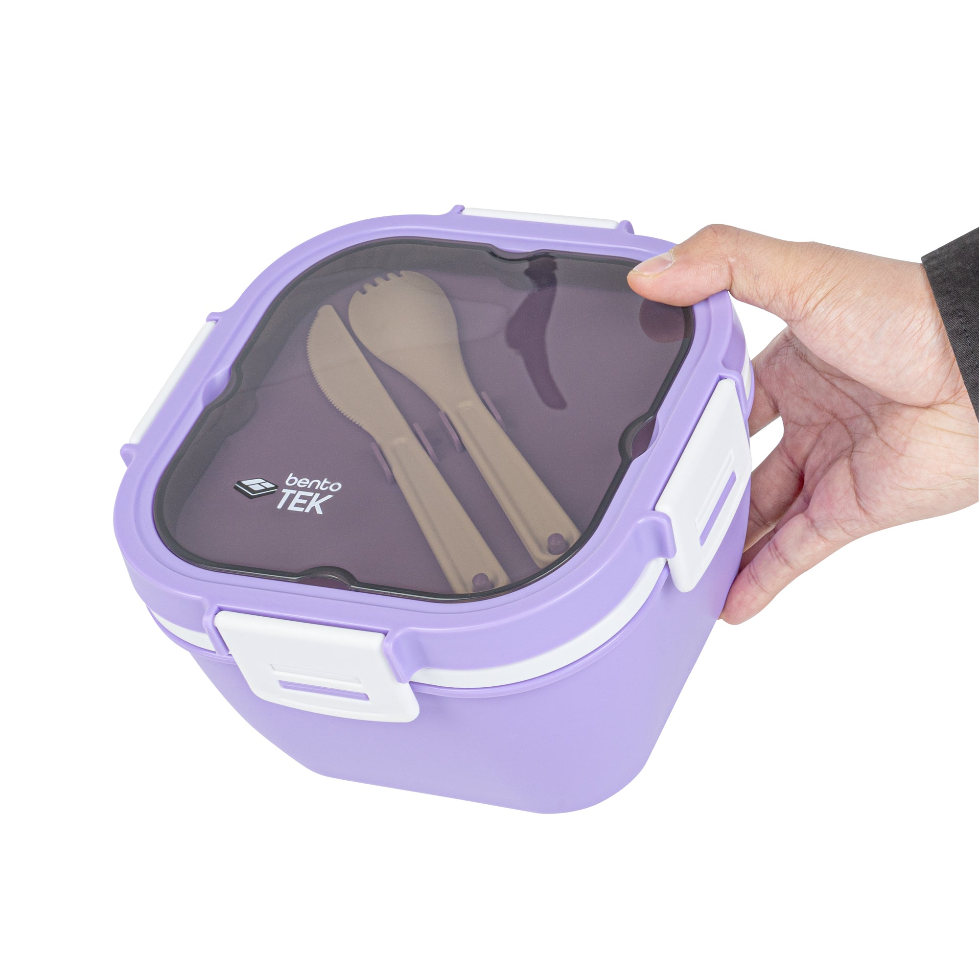 Bento Tek 58 oz Purple and White Lunch Box - BPA-Free, Microwave-Safe, with Fork and Knife - 7 1/4" x 7 1/4" x 4 1/4" - 1 count box