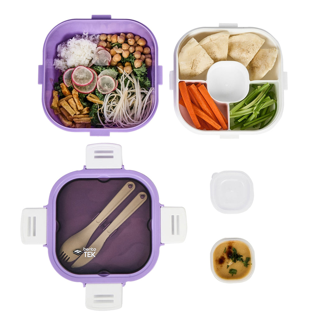 Bento Tek 58 oz Purple and White Lunch Box - BPA-Free, Microwave-Safe, with Fork and Knife - 7 1/4" x 7 1/4" x 4 1/4" - 1 count box