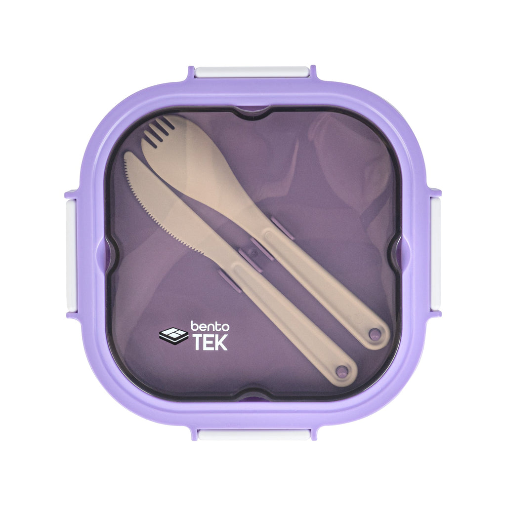 Bento Tek 58 oz Purple and White Lunch Box - BPA-Free, Microwave-Safe, with Fork and Knife - 7 1/4" x 7 1/4" x 4 1/4" - 1 count box